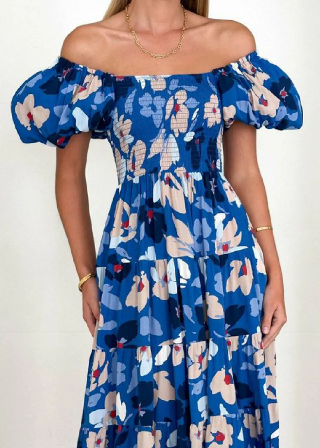 saburona Druckkleid Langes, bedrucktes Kleid mit Puffärmeln und einer Schul günstig online kaufen