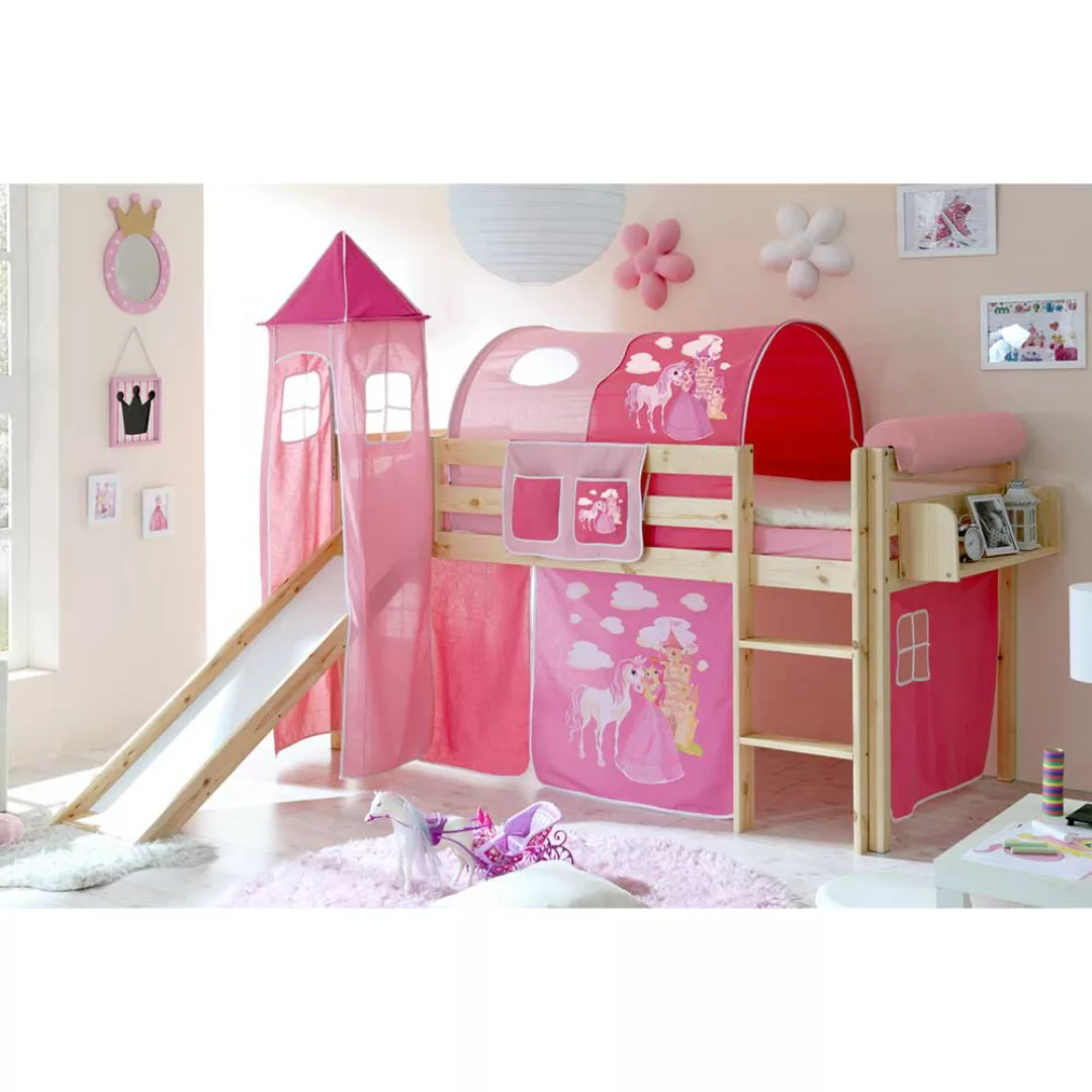 Prinzessin Kinderbett aus Kiefer Massivholz Rutsche und Turm in Pink günstig online kaufen