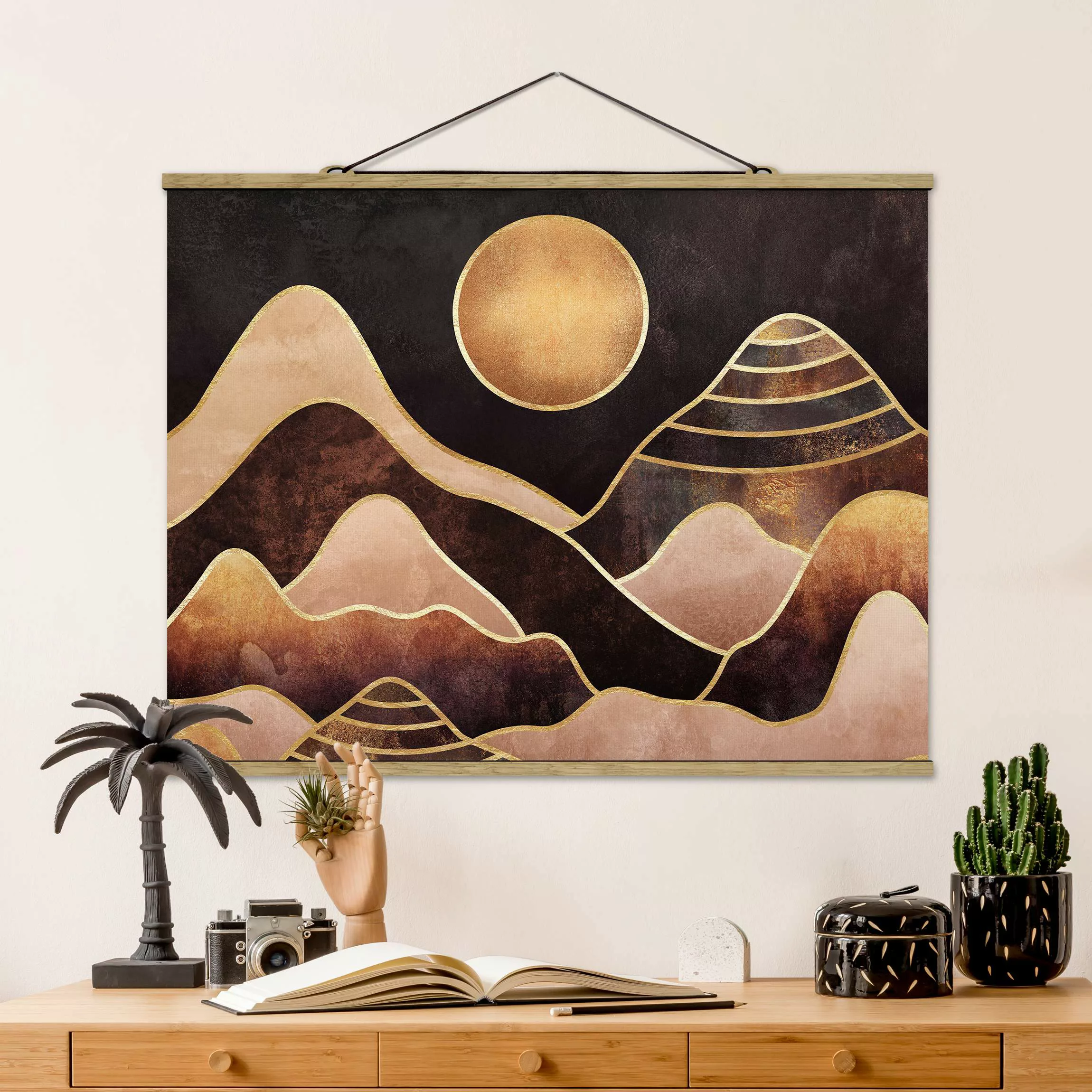 Stoffbild Abstrakt mit Posterleisten - Querformat Goldene Sonne abstrakte B günstig online kaufen