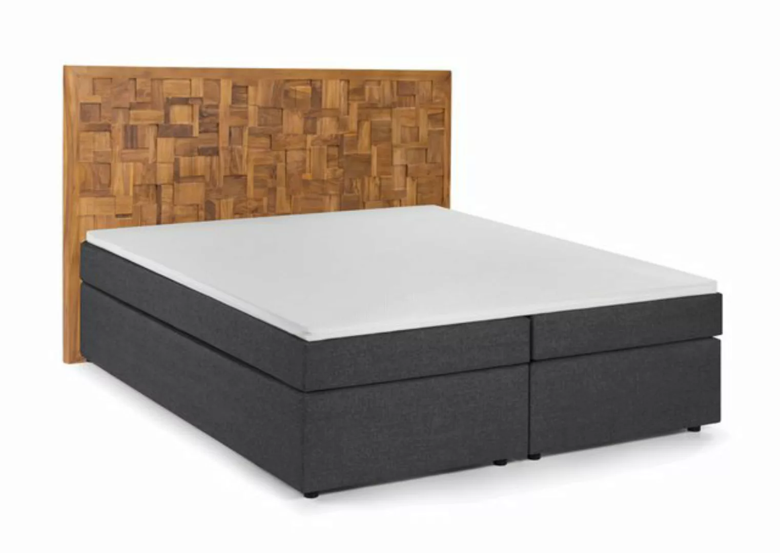 dynamic24 Boxspringbett, Boxspringbett mit Holz-Mosaik-Kopfteil Teak Grau günstig online kaufen