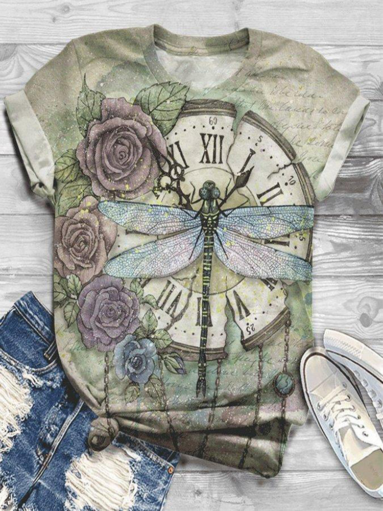 Libellenuhr bedrucktes Kurzarm-T-Shirt für Damen günstig online kaufen