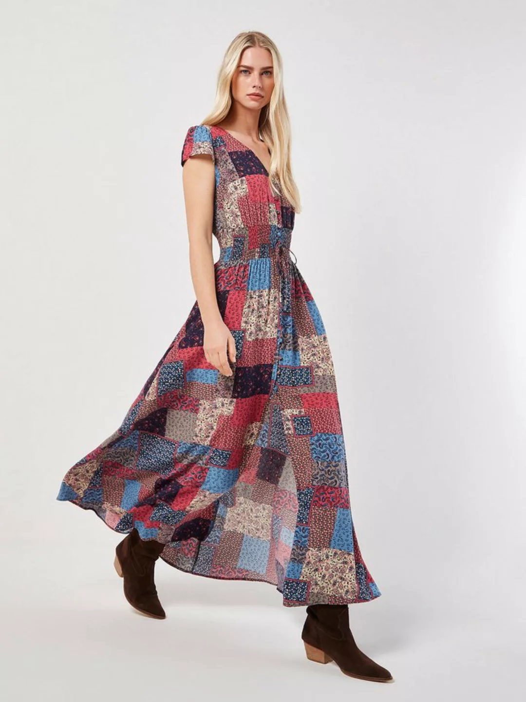 Apricot Sommerkleid in Patchwork-Design, drapiert, gerüscht günstig online kaufen
