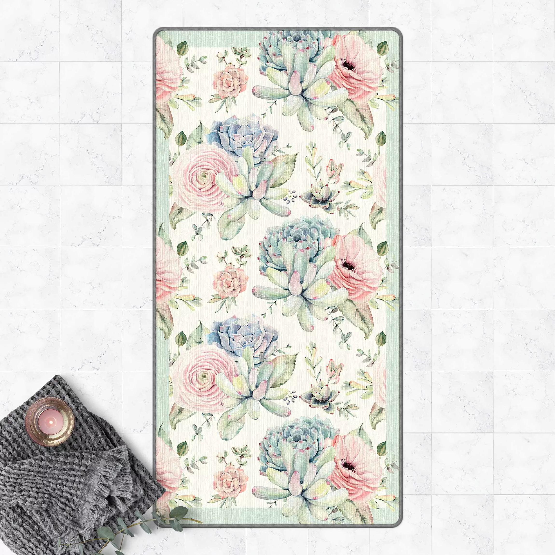 Teppich Aquarell Blumenbouquet mit Sukkulenten und Rahmen günstig online kaufen