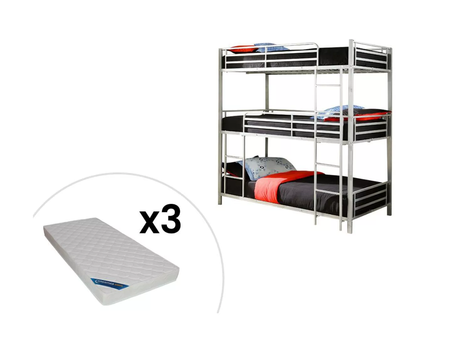 Etagenbett mit Matratze - 3 Personen - 3 x 90 x 190 cm - Metall - Silberfar günstig online kaufen