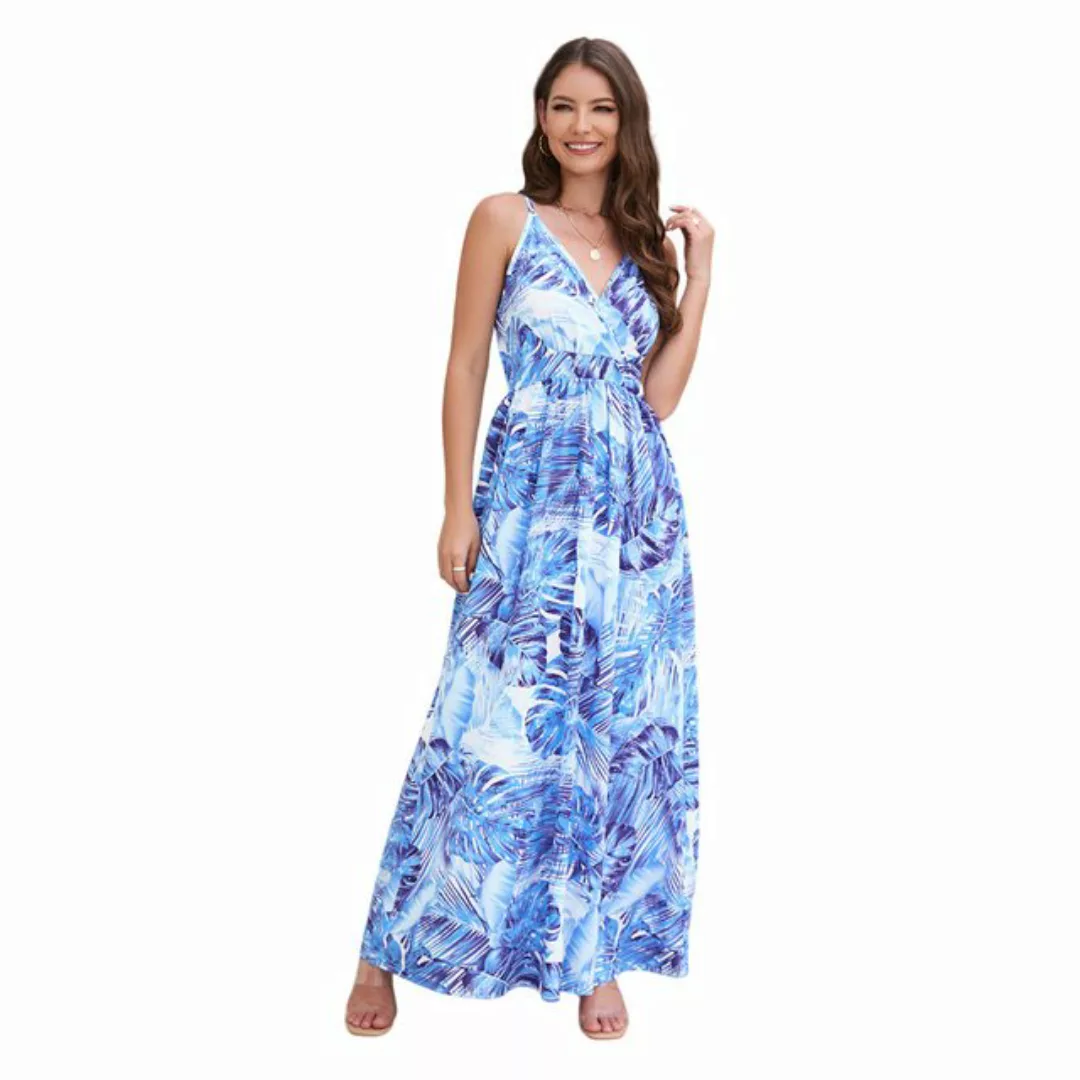 Mayou Sommerkleid Damen Blumendruck Ärmellos V-Ausschnitt Boho Strandkleid günstig online kaufen