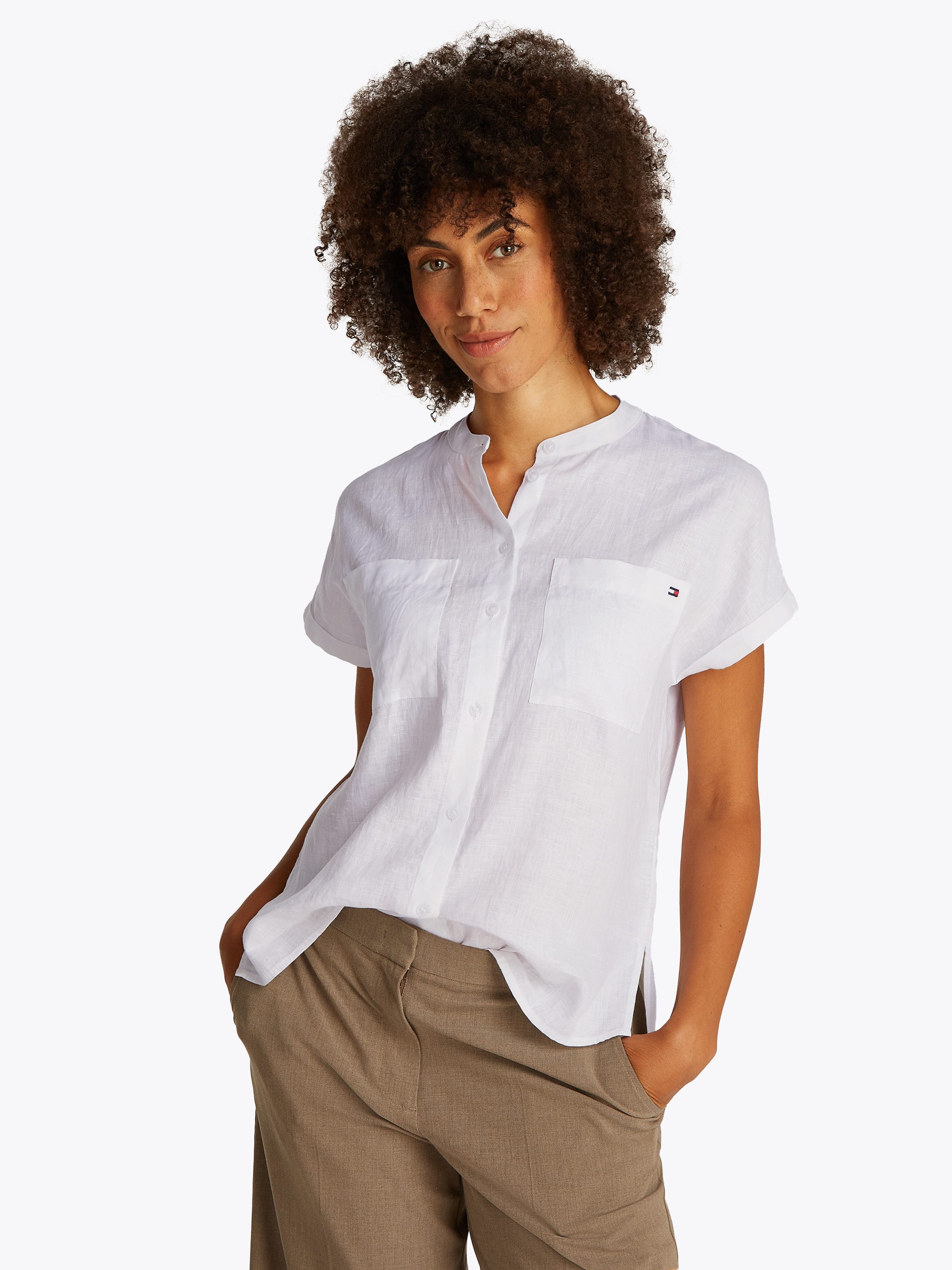 Tommy Hilfiger Kurzarmbluse "ESS LINEN COLLARLESS S/S BLOUSE", mit Logostic günstig online kaufen