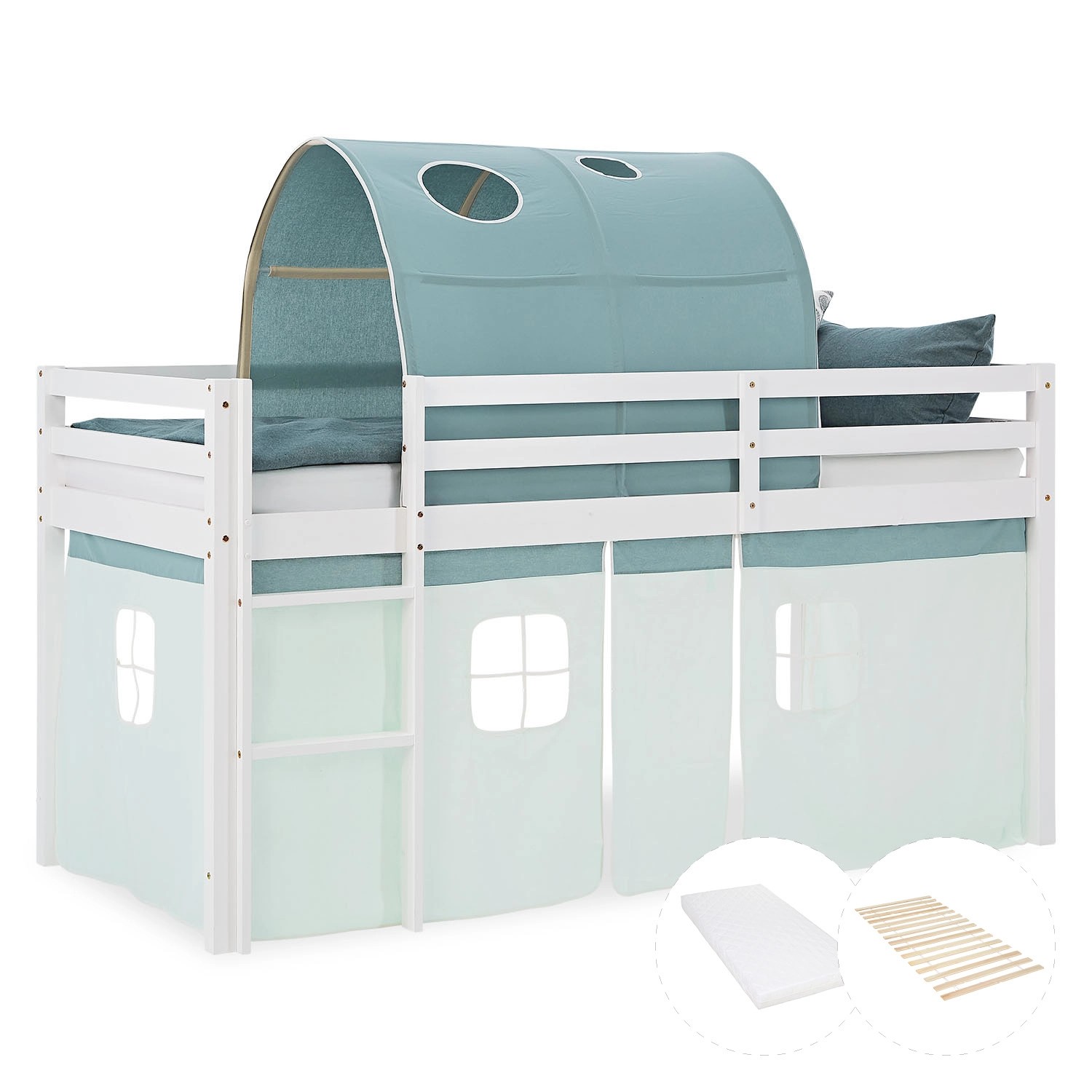 Homestyle4u Kinder Hochbett 90x200 mit Matratze + Lattenrost Tunnel Vorhang günstig online kaufen