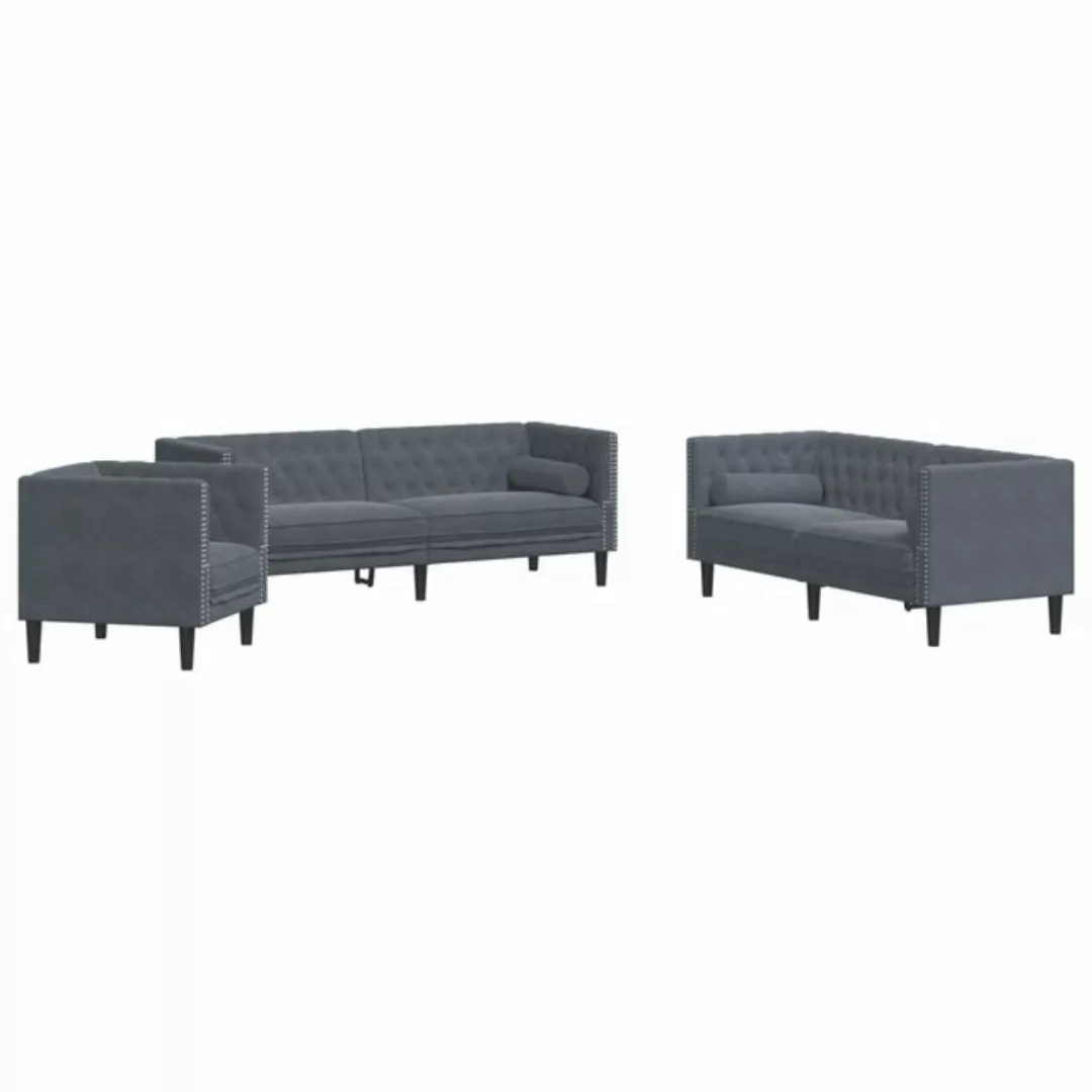 vidaXL Sofa 3-tlg. Chesterfield-Sofa-Set mit Nackenrollen Dunkelgrau Samt günstig online kaufen