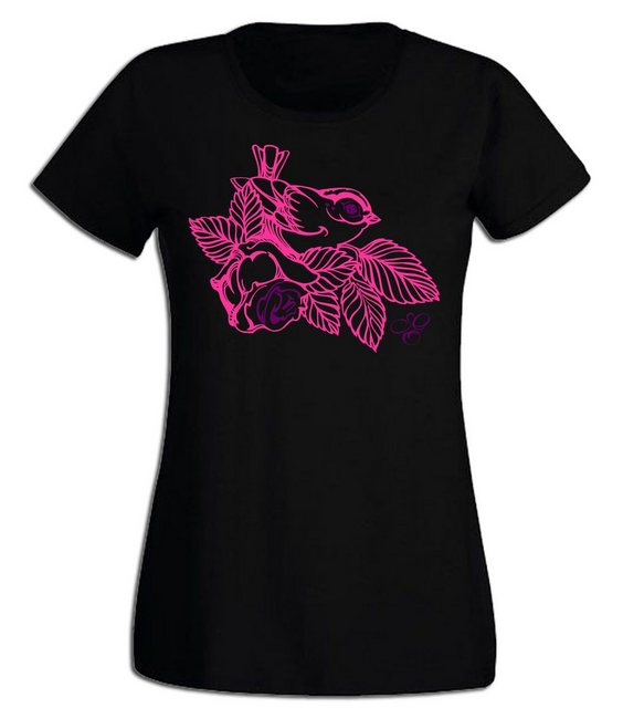 G-graphics T-Shirt Damen T-Shirt - Spatz mit Rose Pink-Purple-Collection, S günstig online kaufen