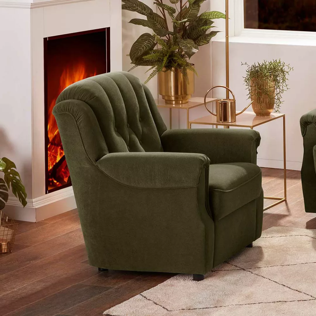 Wohnzimmer Sessel dunkelgrün im klassischen Stil Flockstoff günstig online kaufen