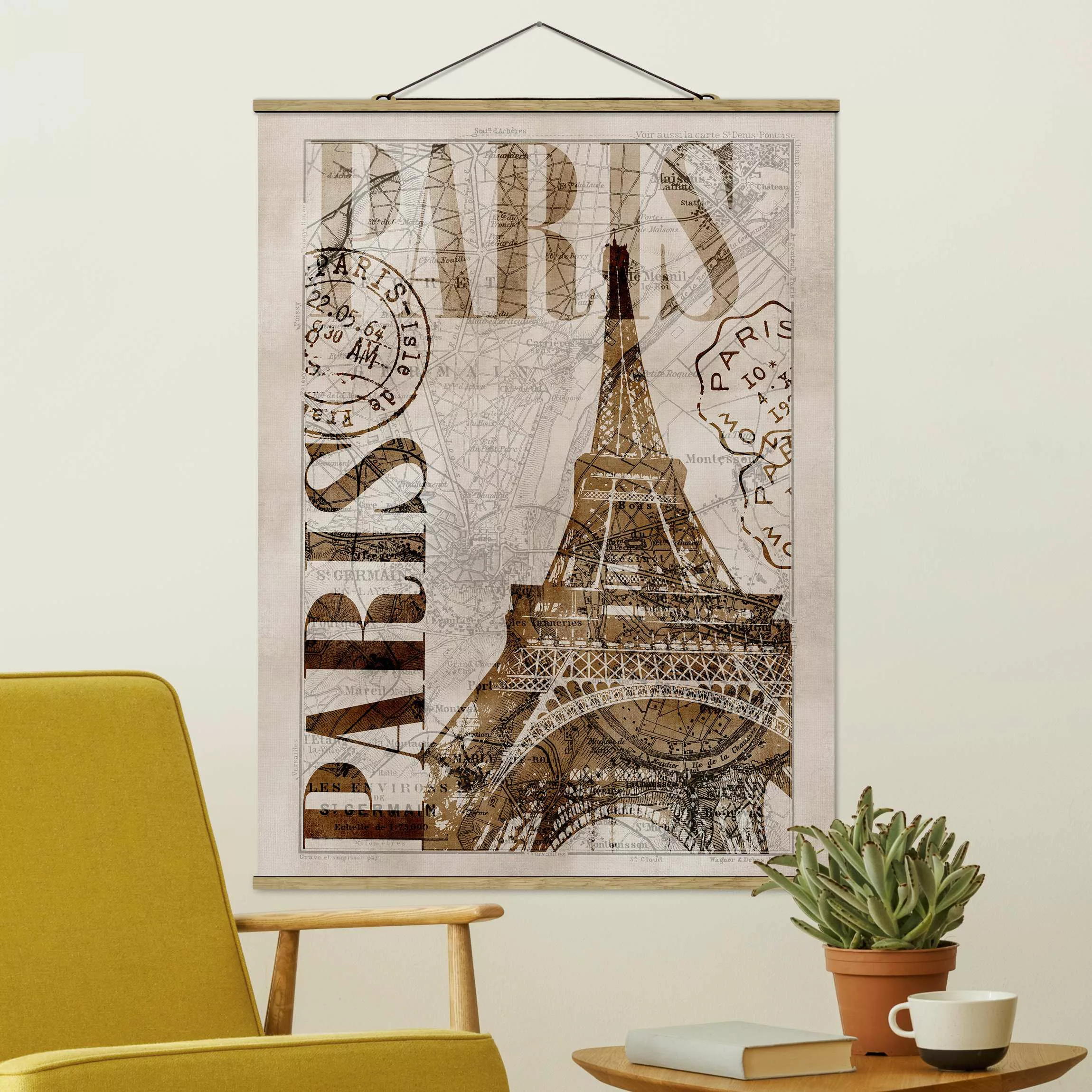 Stoffbild mit Posterleisten - Hochformat Shabby Chic Collage - Paris günstig online kaufen