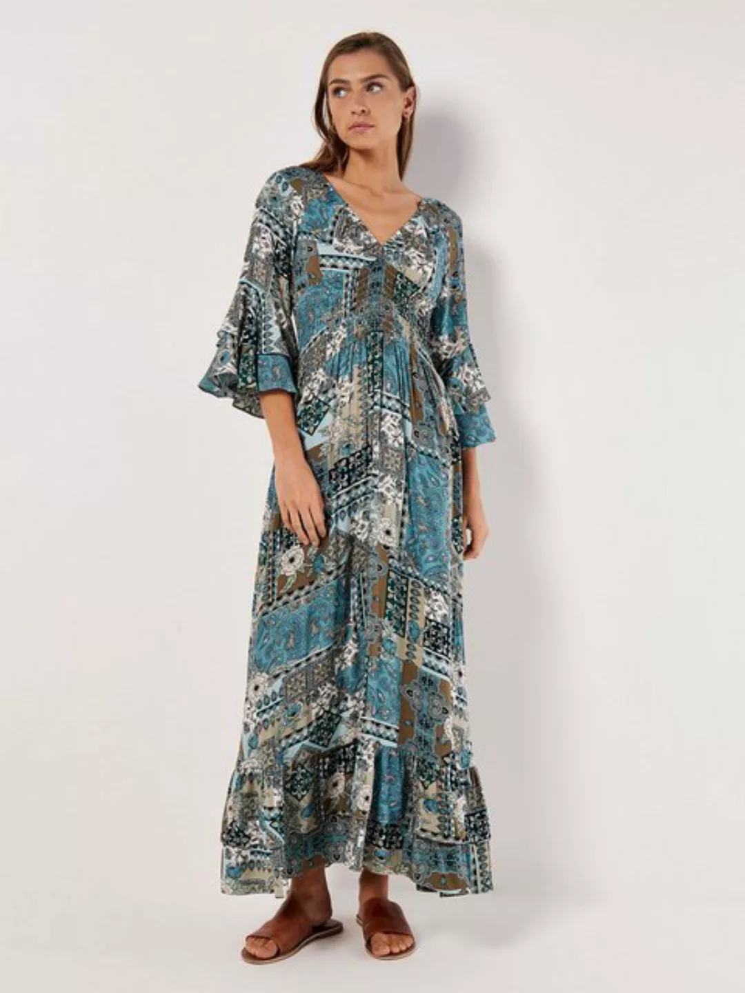 Apricot Maxikleid V-Neck Scarf Print Maxi Dress, mit gesmokter Taille, mit günstig online kaufen