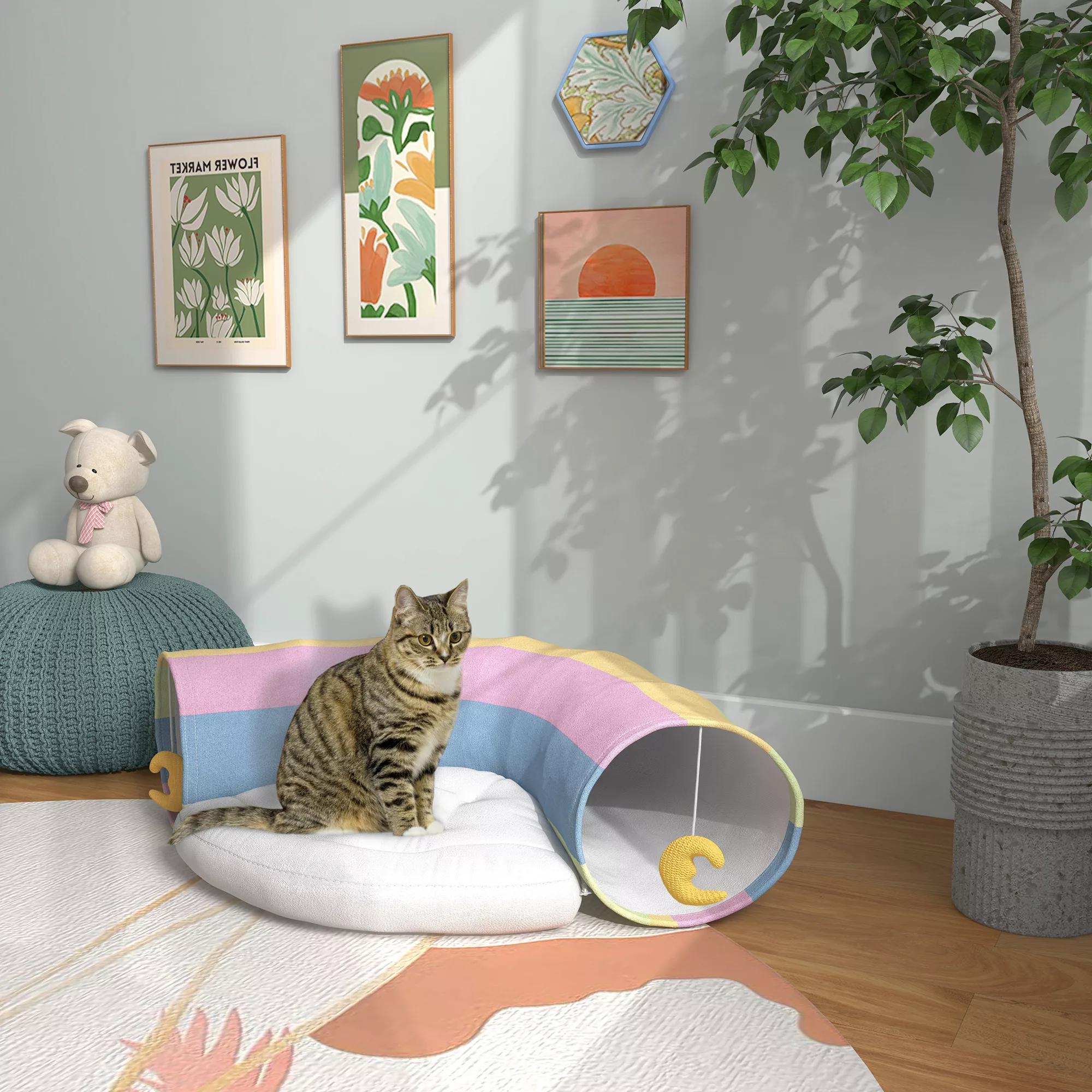 PawHut Katzentunnel  Faltbares Katzenspielzeug mit Spielkissen, Polyester, günstig online kaufen