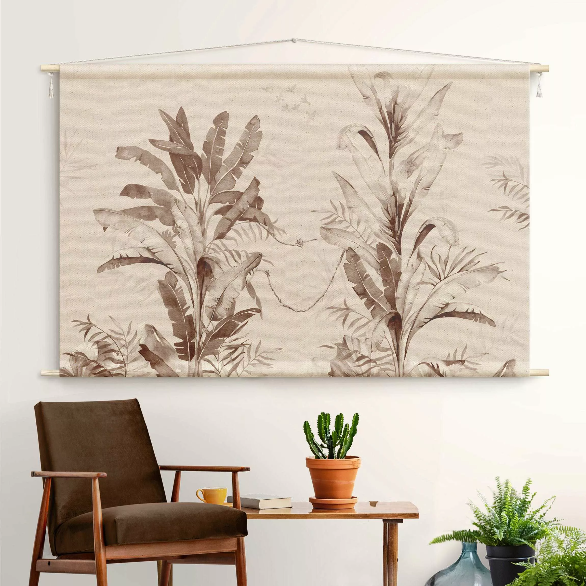 Wandteppich Tropische Palmen und Blätter Sepia günstig online kaufen
