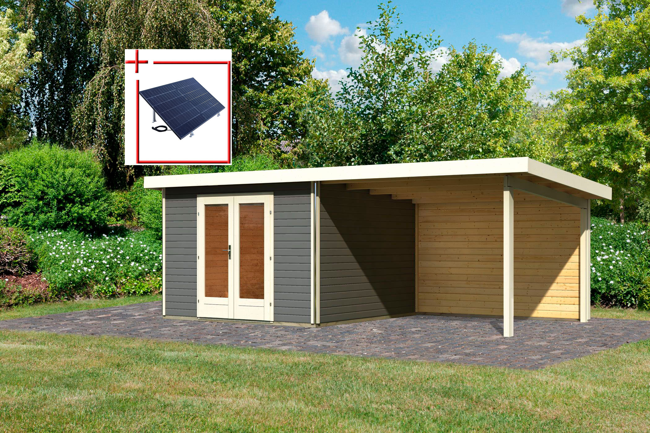 KONIFERA Gartenhaus "Rabensee 1", mit Anbaudach 3,30 m, Rückwand, terragrau günstig online kaufen