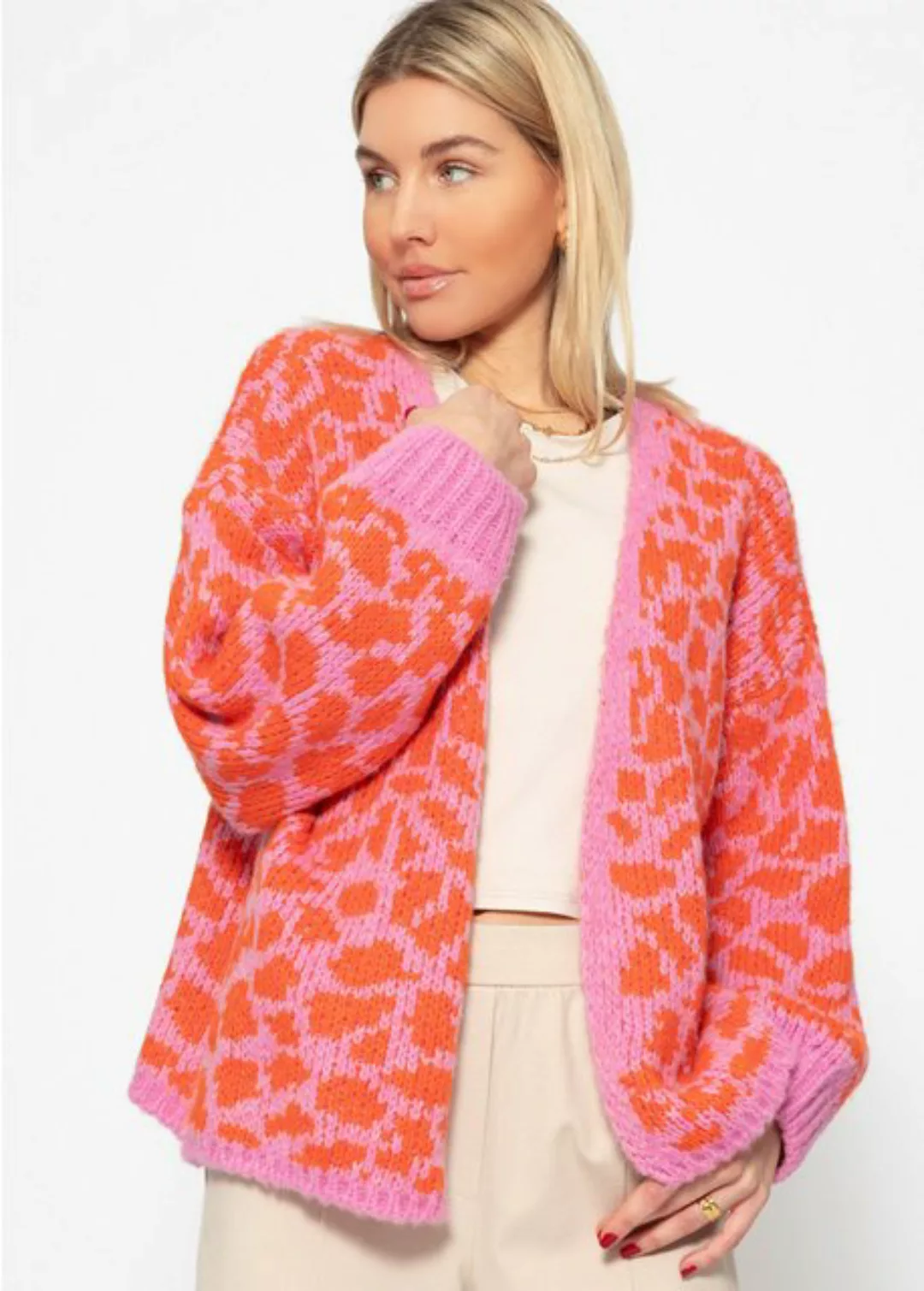 SASSYCLASSY Cardigan Leo-Print Cardigan Damen aus Grobstrick Lockere Damen günstig online kaufen