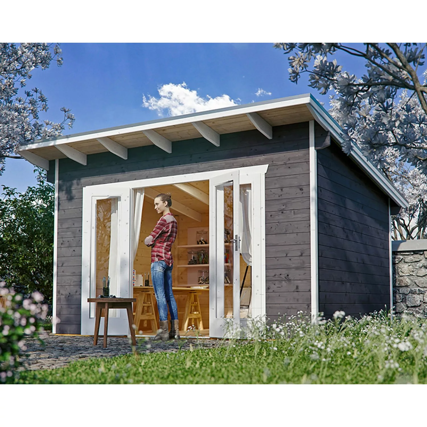 Skan Holz Holz-Gartenhaus/Gerätehaus Ostende 1 Schiefergrau 350 cm x 250 cm günstig online kaufen