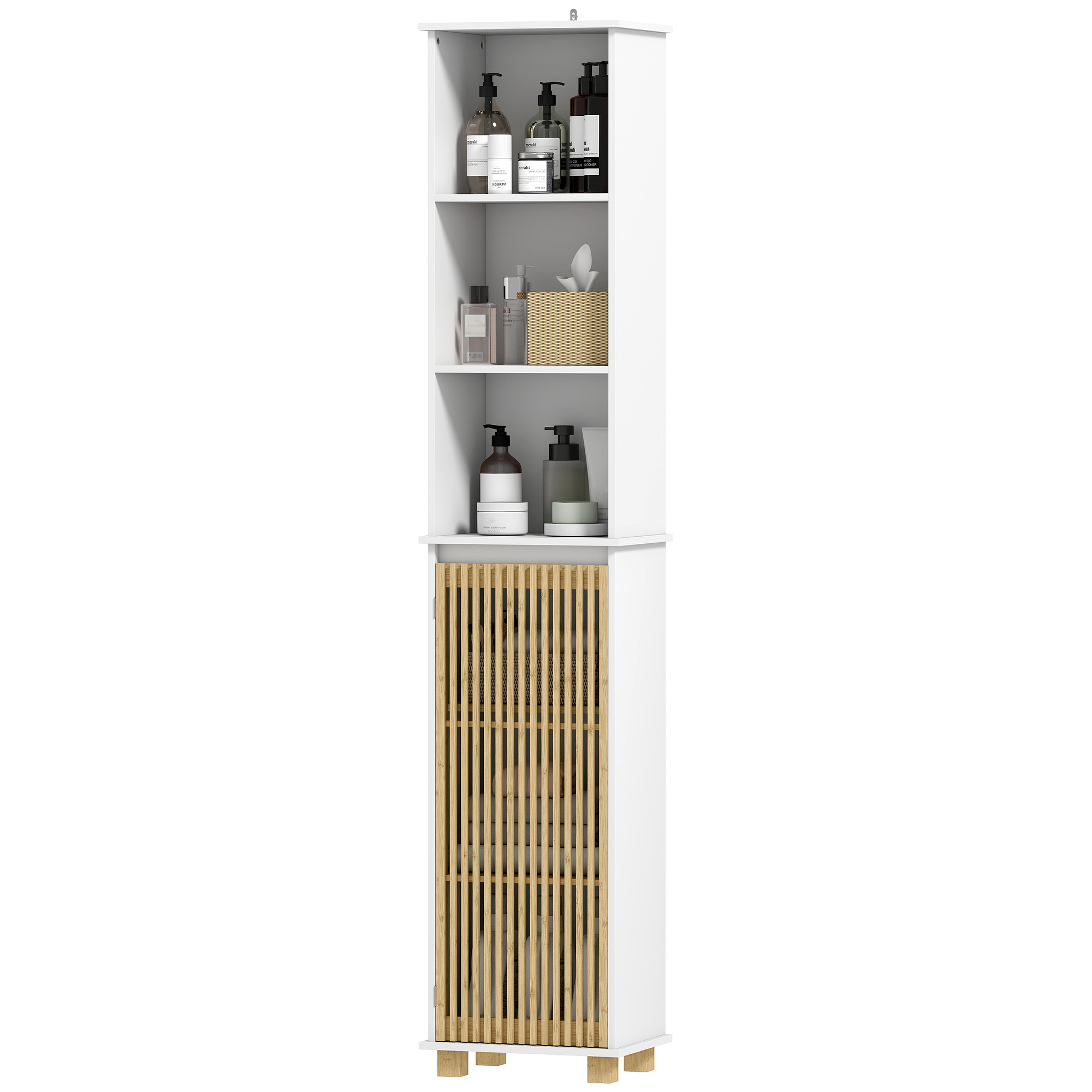 HOMCOM Badezimmerschrank, Badezimmerschrank mit Bambustür und offenen Fäche günstig online kaufen