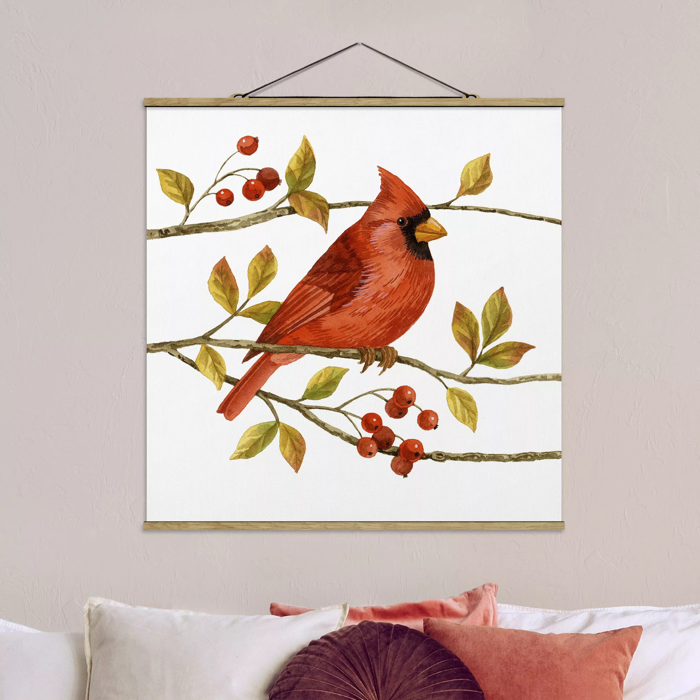 Stoffbild Tiere mit Posterleisten - Quadrat Vögel und Beeren - Rotkardinal günstig online kaufen