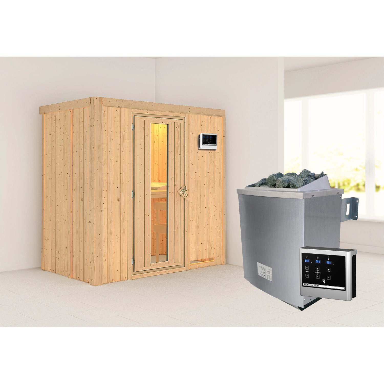 Karibu Sauna Vera + Ofen ext. Strg., Holz-Glastür, LED-Dachkranz günstig online kaufen