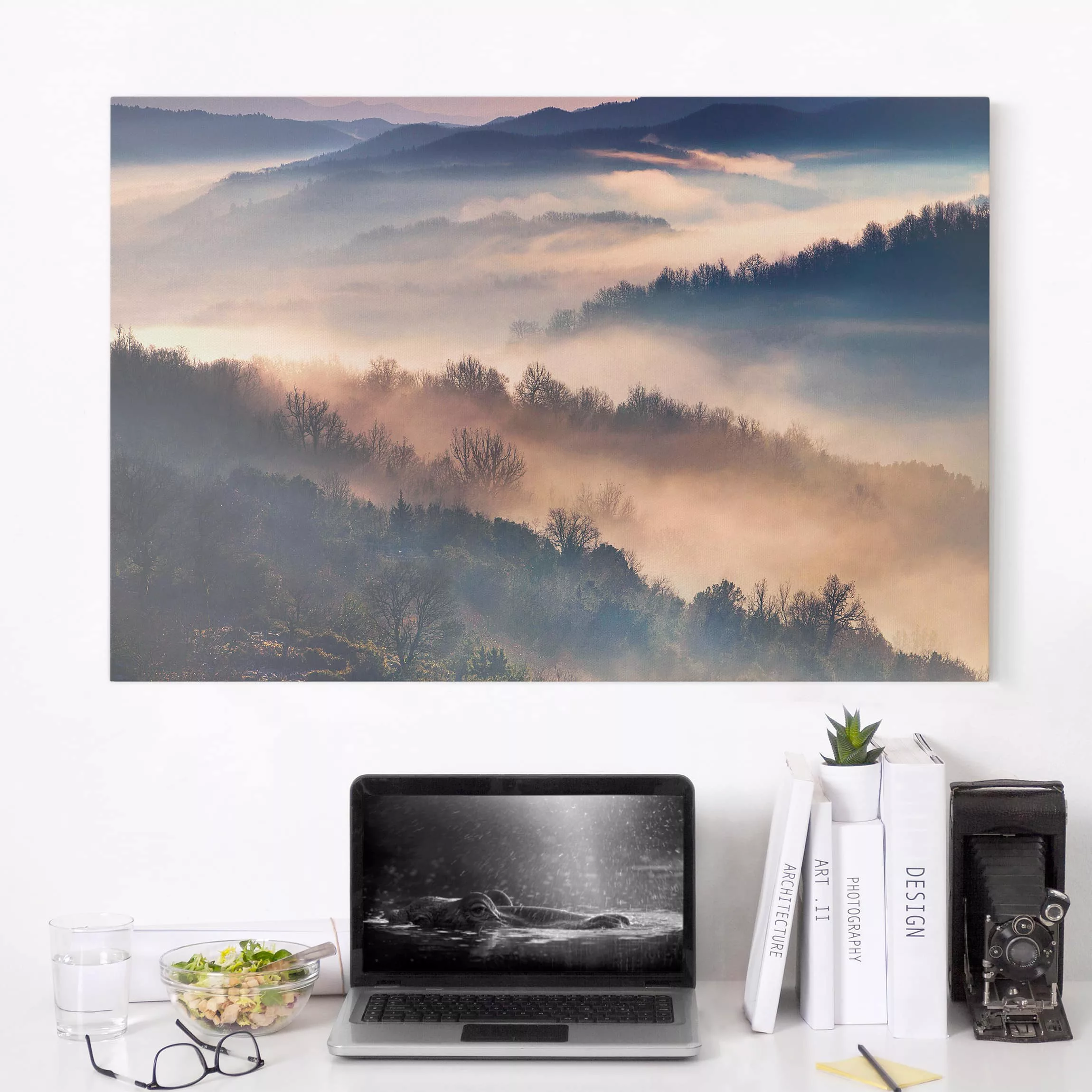 Leinwandbild Wald - Querformat Nebel bei Sonnenuntergang günstig online kaufen