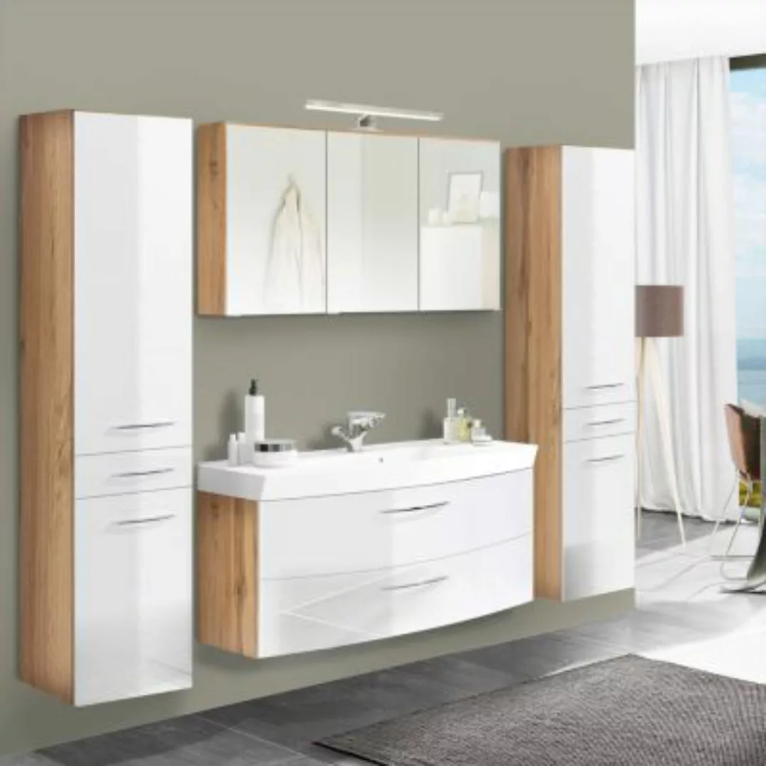Lomadox Badmöbel Komplettset mit 120cm Waschtisch FLORIDO-03-OAK weiß Hochg günstig online kaufen