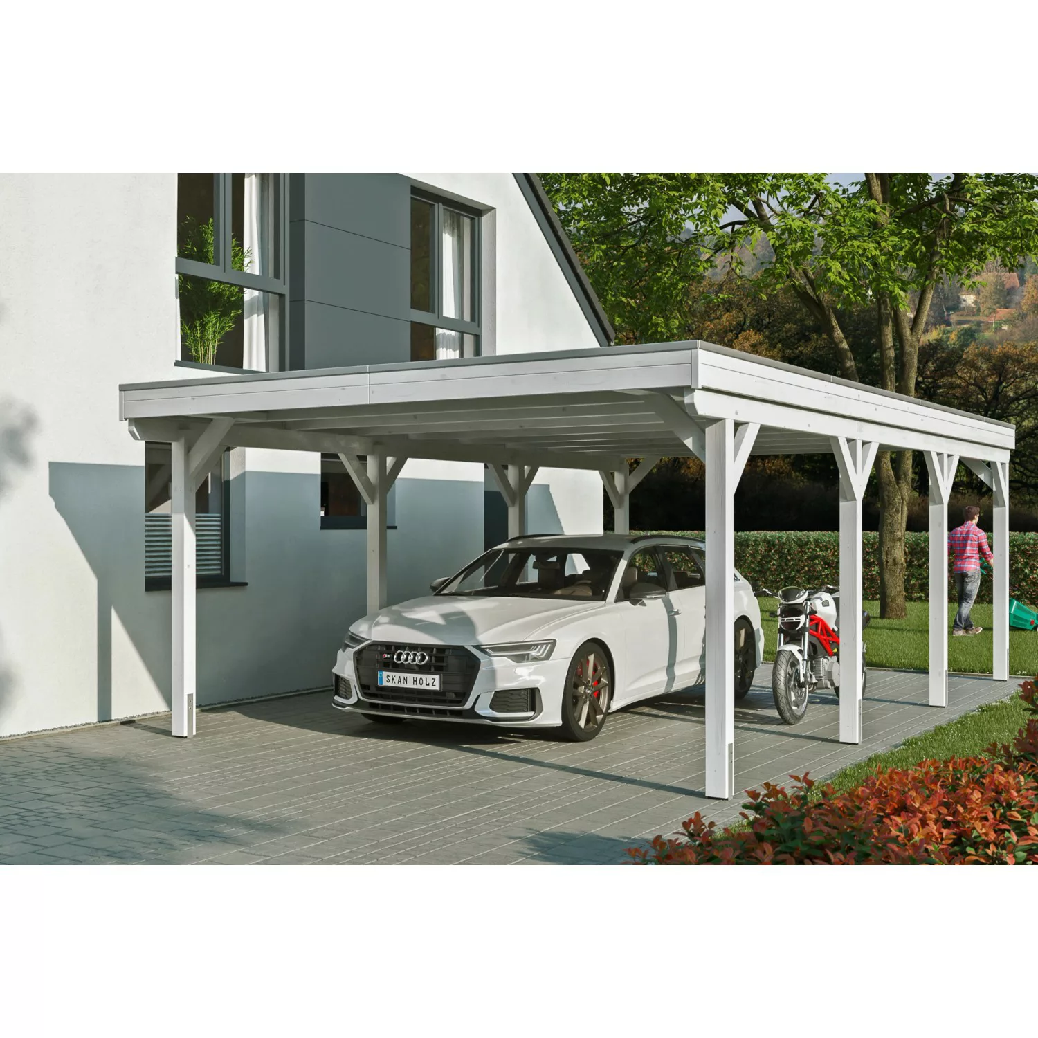 Skan Holz Carport Grunewald 427 cm x 796 cm mit Aluminiumdach Weiß günstig online kaufen