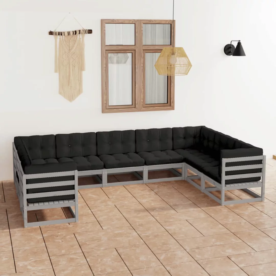 9-tlg. Garten-lounge-set Mit Kissen Grau Kiefer Massivholz günstig online kaufen