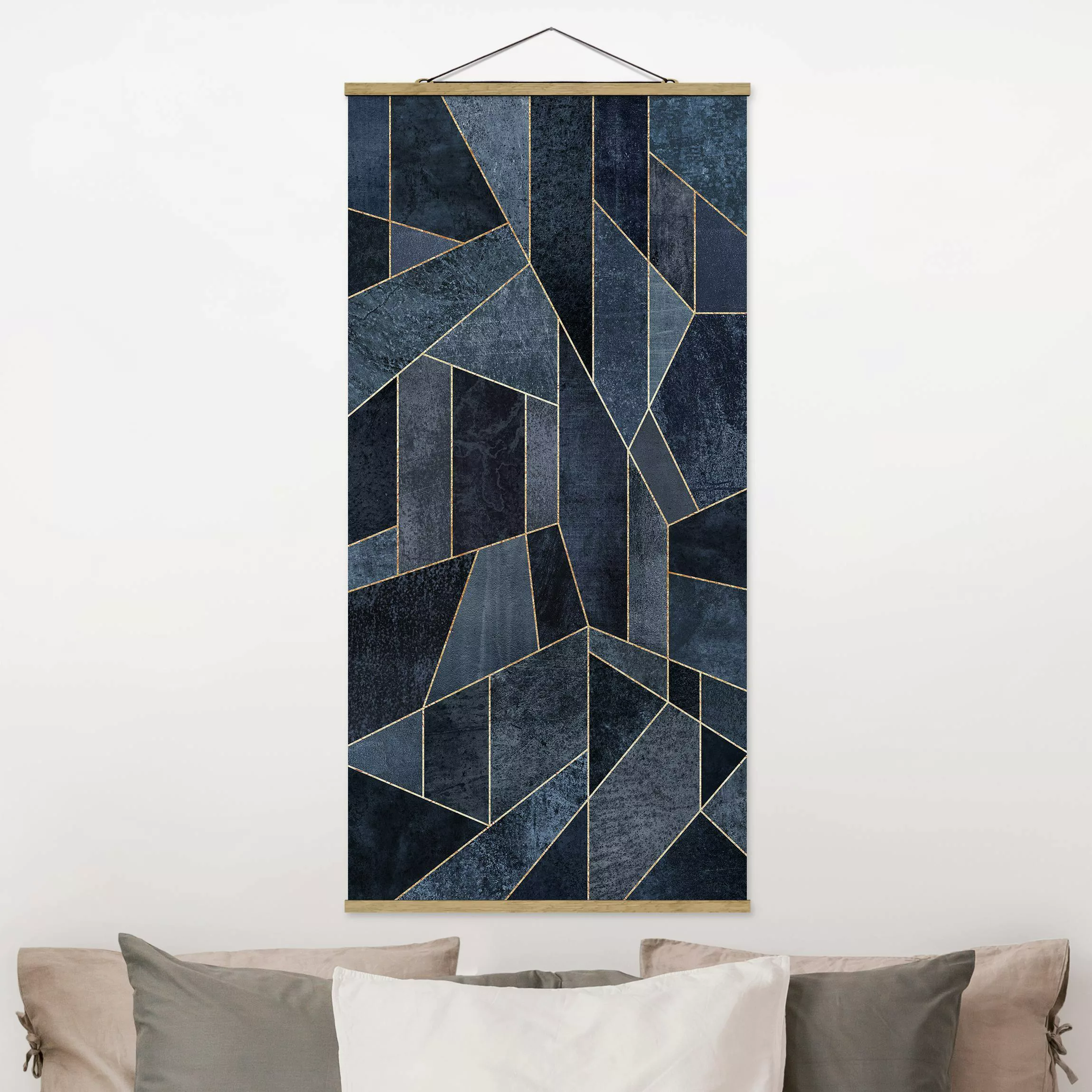 Stoffbild Abstrakt mit Posterleisten - Hochformat Blaue Geometrie Aquarell günstig online kaufen