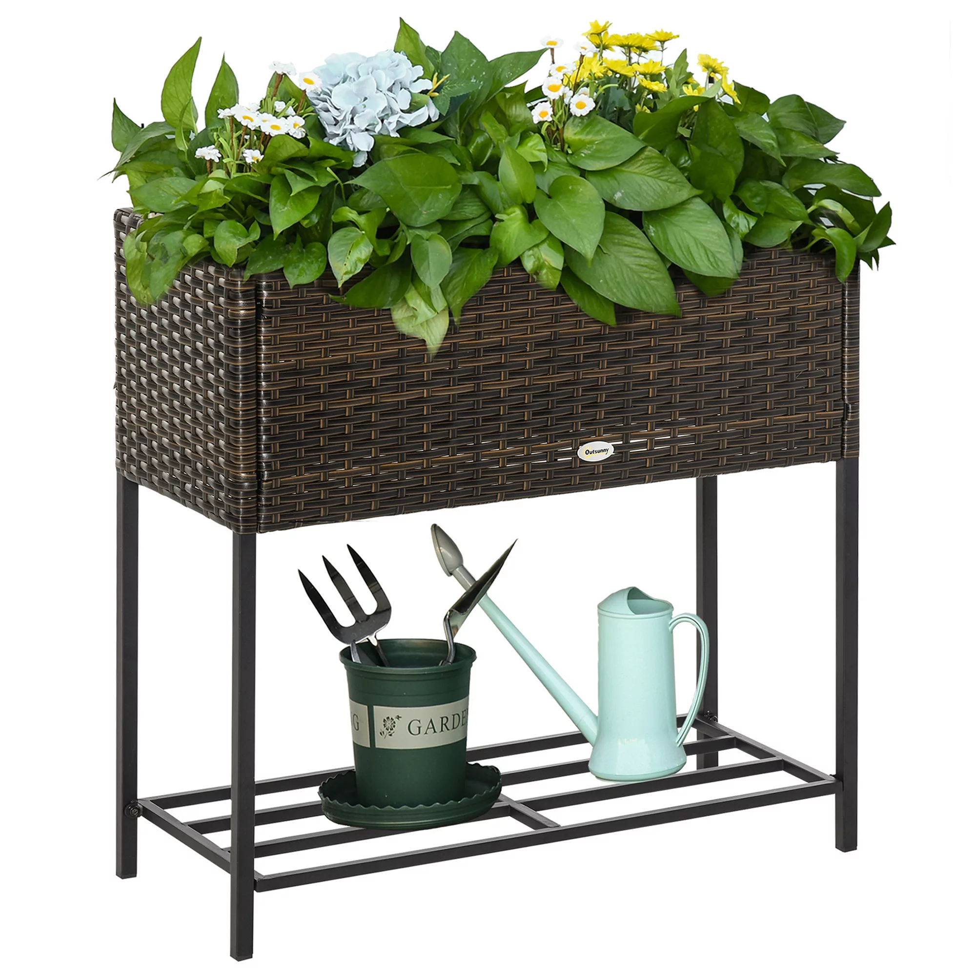 Outsunny Poly Rattan Hochbeet Blumenkasten mit Füßen Blumentopf mit Ablage günstig online kaufen