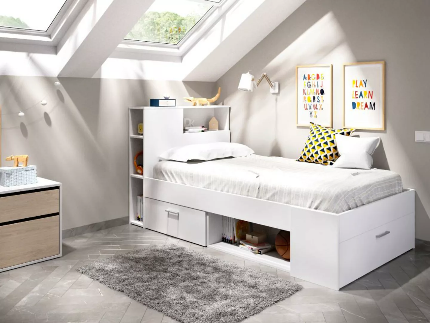 Bett mit Kopfteil, Stauraum & Schublade - 90 x 190 cm - Weiß - LEANDRE günstig online kaufen
