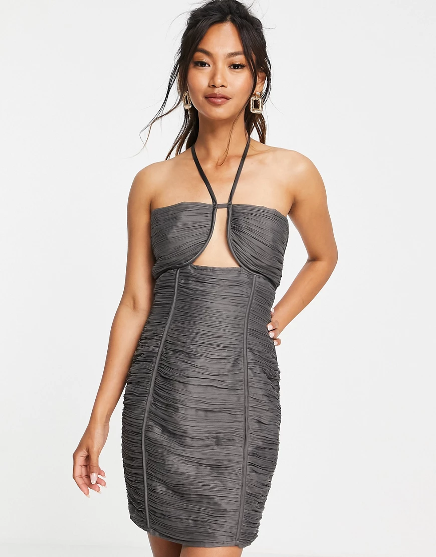 ASOS DESIGN – Gerafftes Minikleid mit Neckholder und Rüschenbesatz-Grau günstig online kaufen