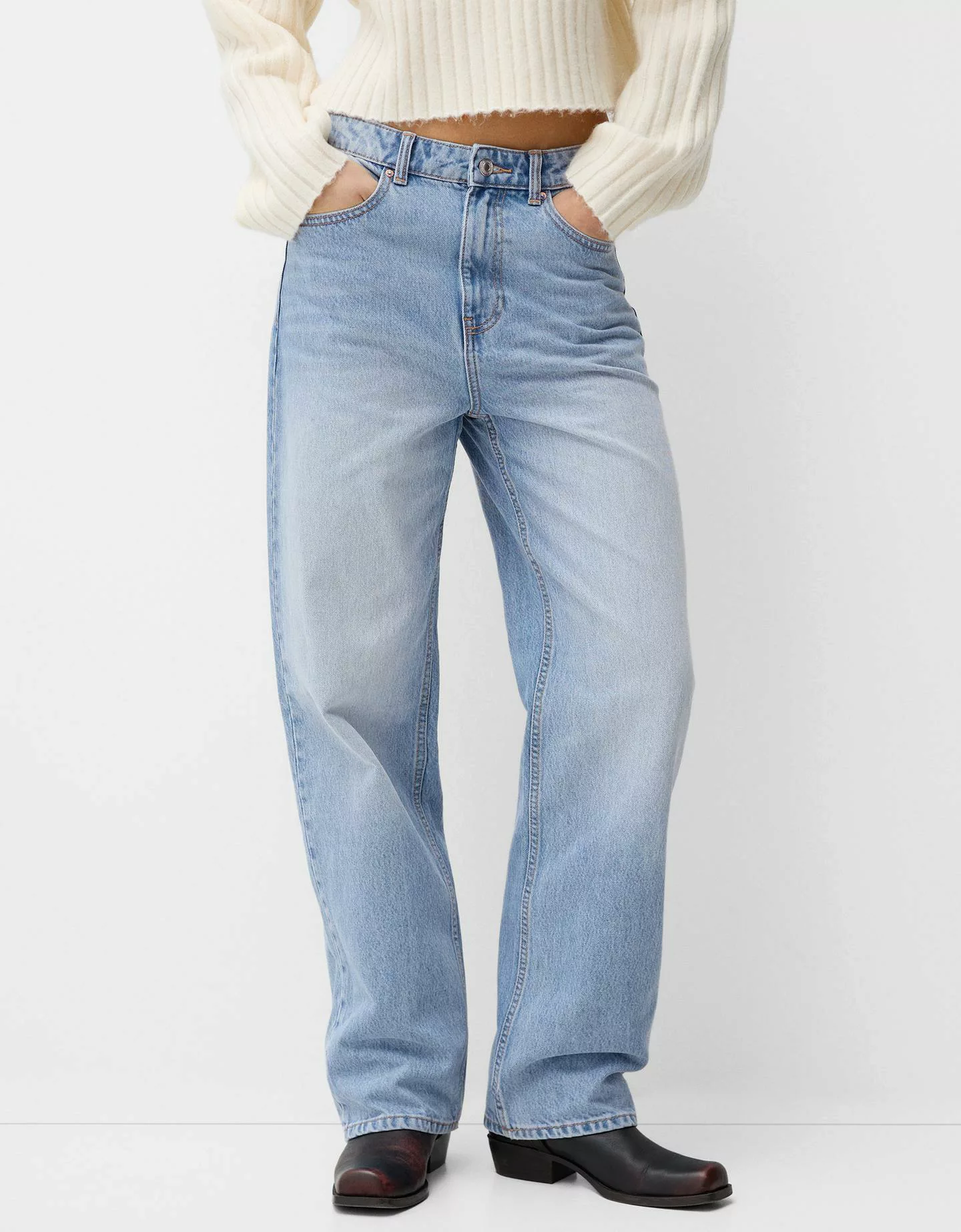 Bershka Straight-Jeans Mit Wide-Leg Damen 42 Ausgewaschenes Blau günstig online kaufen