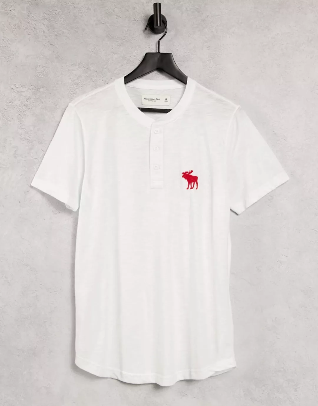 Abercrombie & Fitch – Weißes Henley-T-Shirt mit explodierendem Logo günstig online kaufen