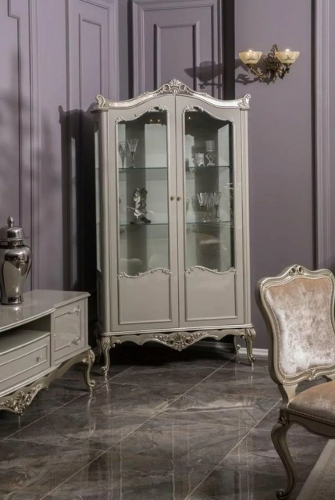 JVmoebel Vitrine Hellgraue Vitrine Barock Rokoko Schrank Glasschrank Vitrin günstig online kaufen