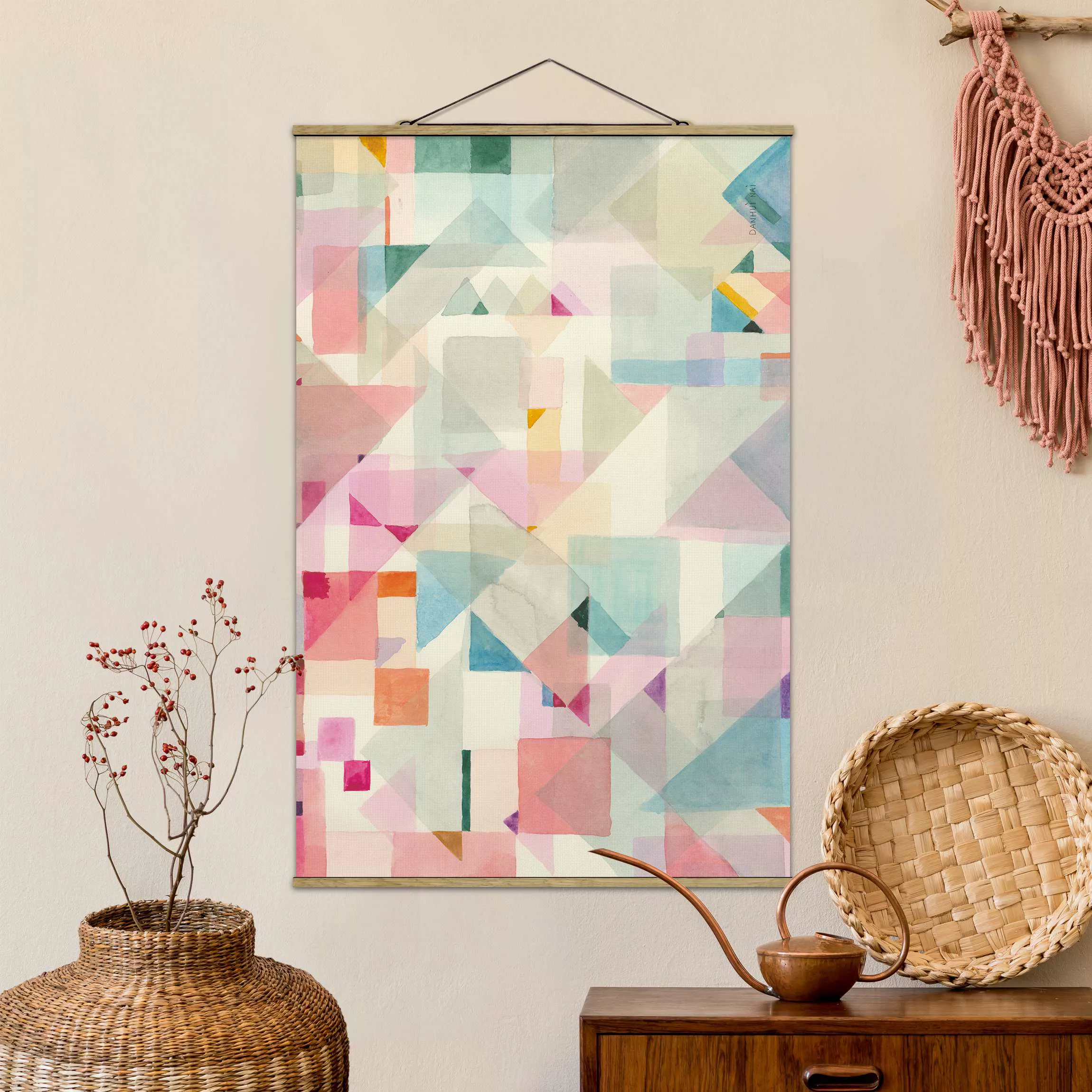 Stoffbild mit Posterleisten Pastellfarbene Dreiecke günstig online kaufen