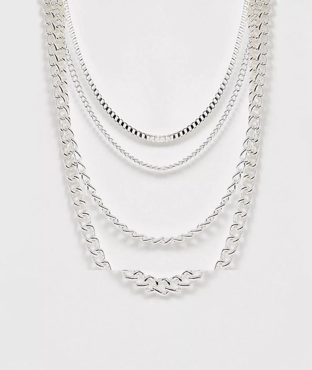 ASOS DESIGN – 4er-Pack kurze, mehrlagige Halsketten in Silber günstig online kaufen