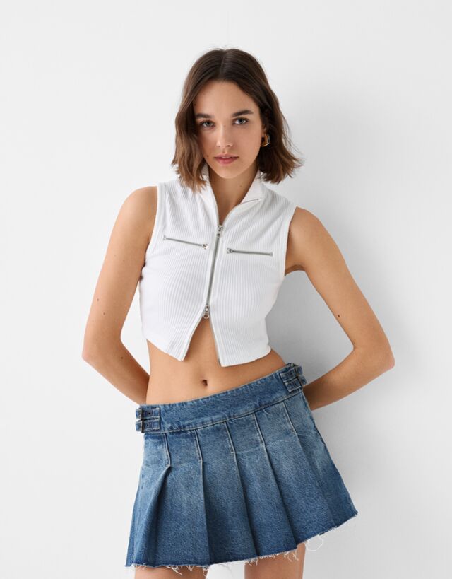 Bershka Jeans-Hosenrock Mit Minifalten Damen Xl Ausgewaschenes Blau günstig online kaufen
