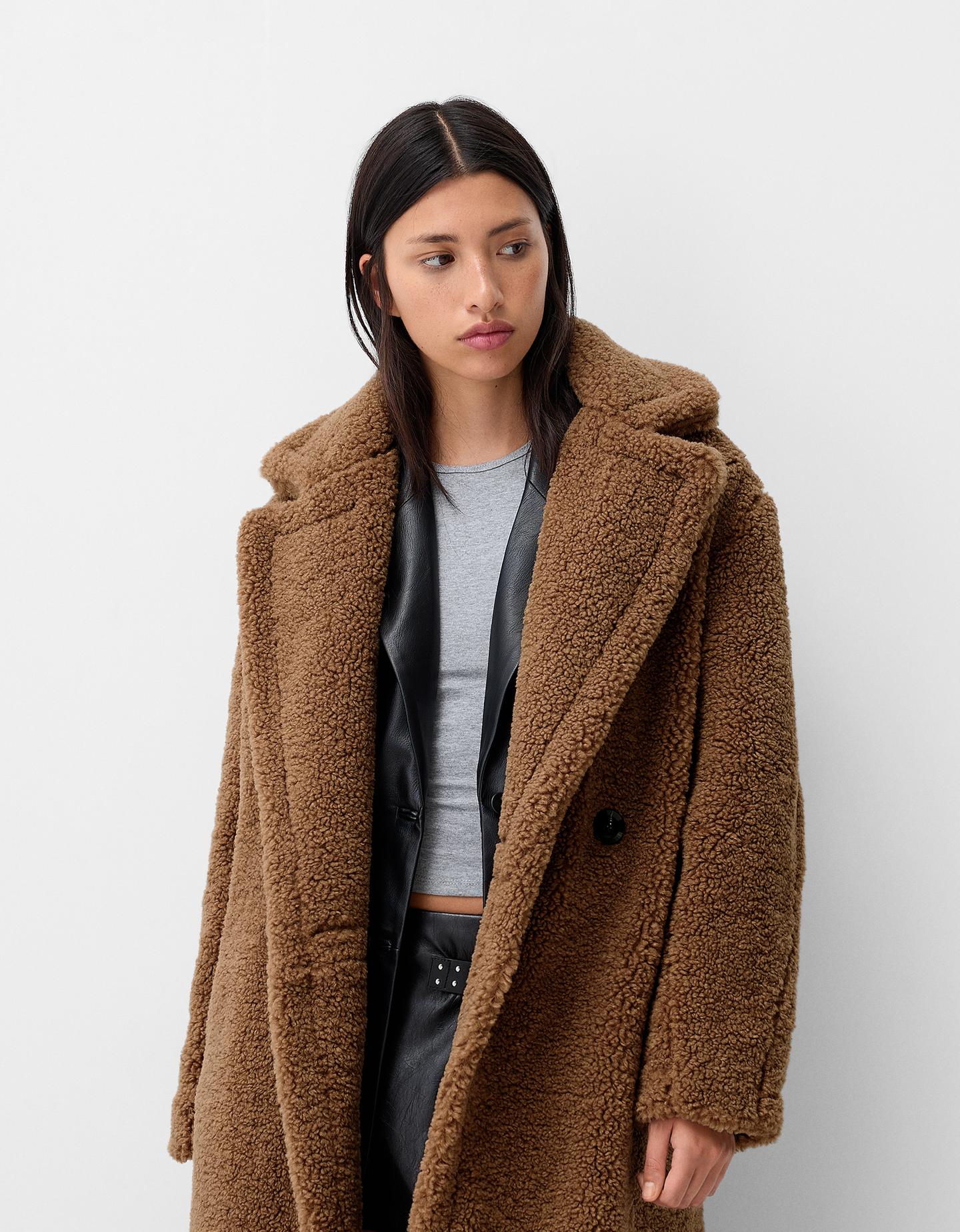 Bershka Langer Mantel Aus Lammfellimitat Damen Xs Camel günstig online kaufen