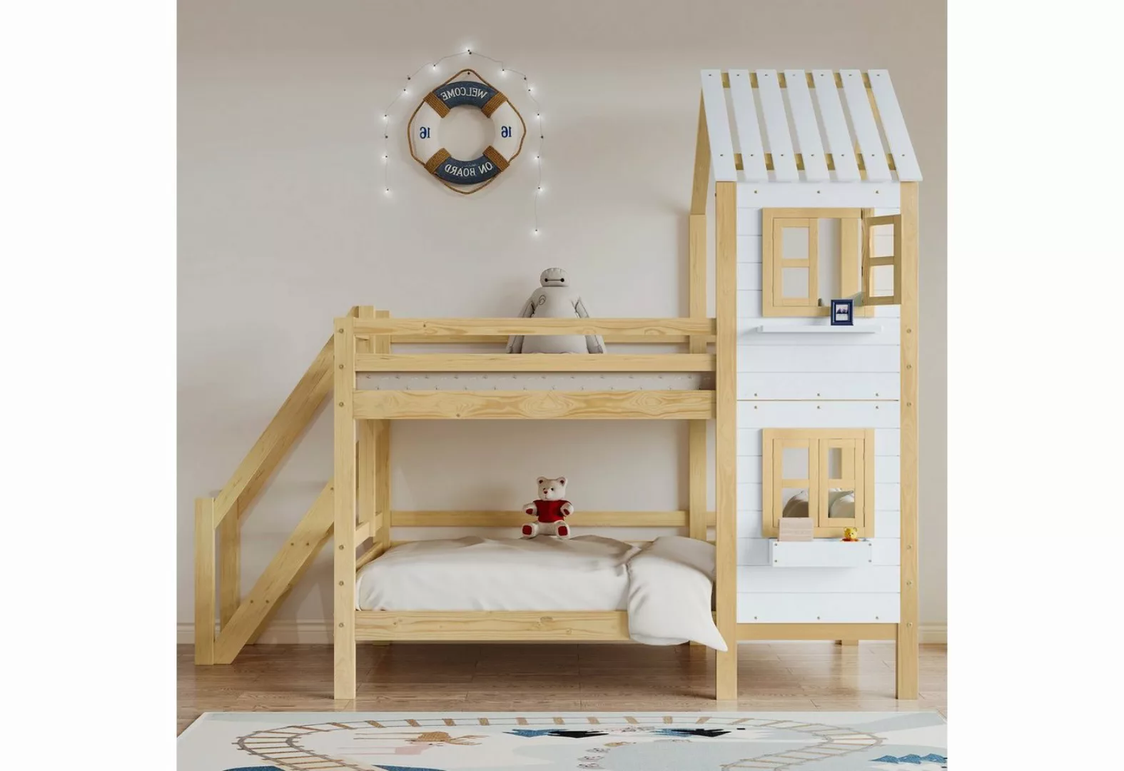 Flieks Etagenbett, Hausbett mit Fallschutz Leiter Kinderbett Kiefer 90x200c günstig online kaufen