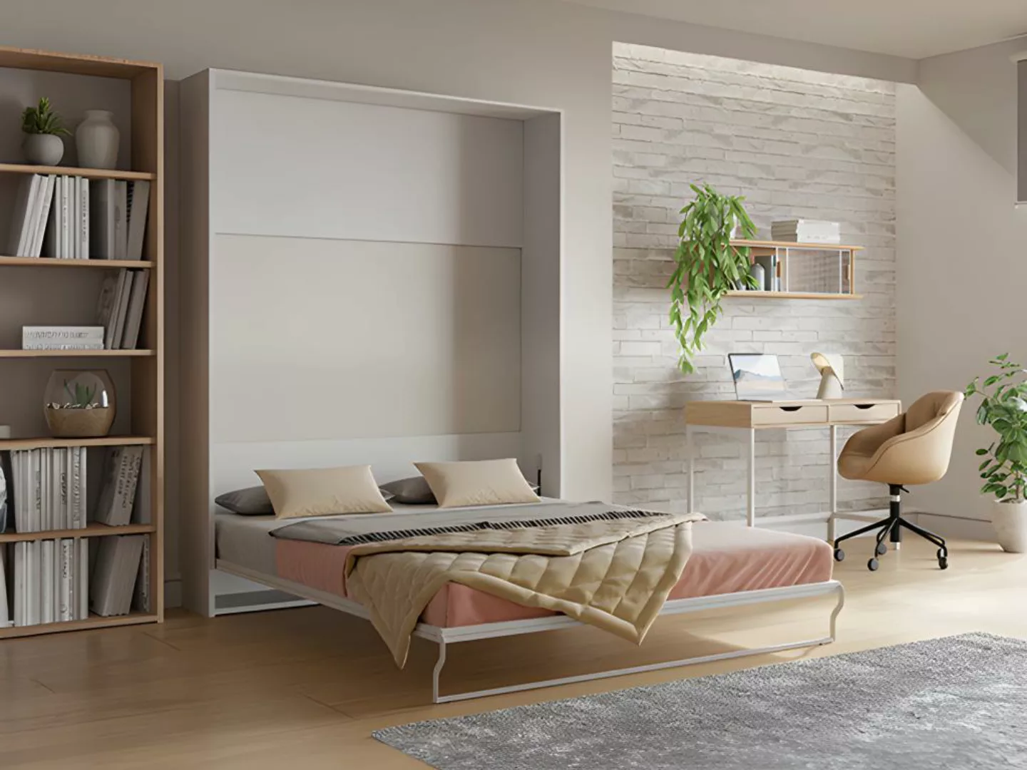 Schrankbett - 160 x 200 cm - Manuelle vertikale Öffnung - Weiß + Matratze - günstig online kaufen