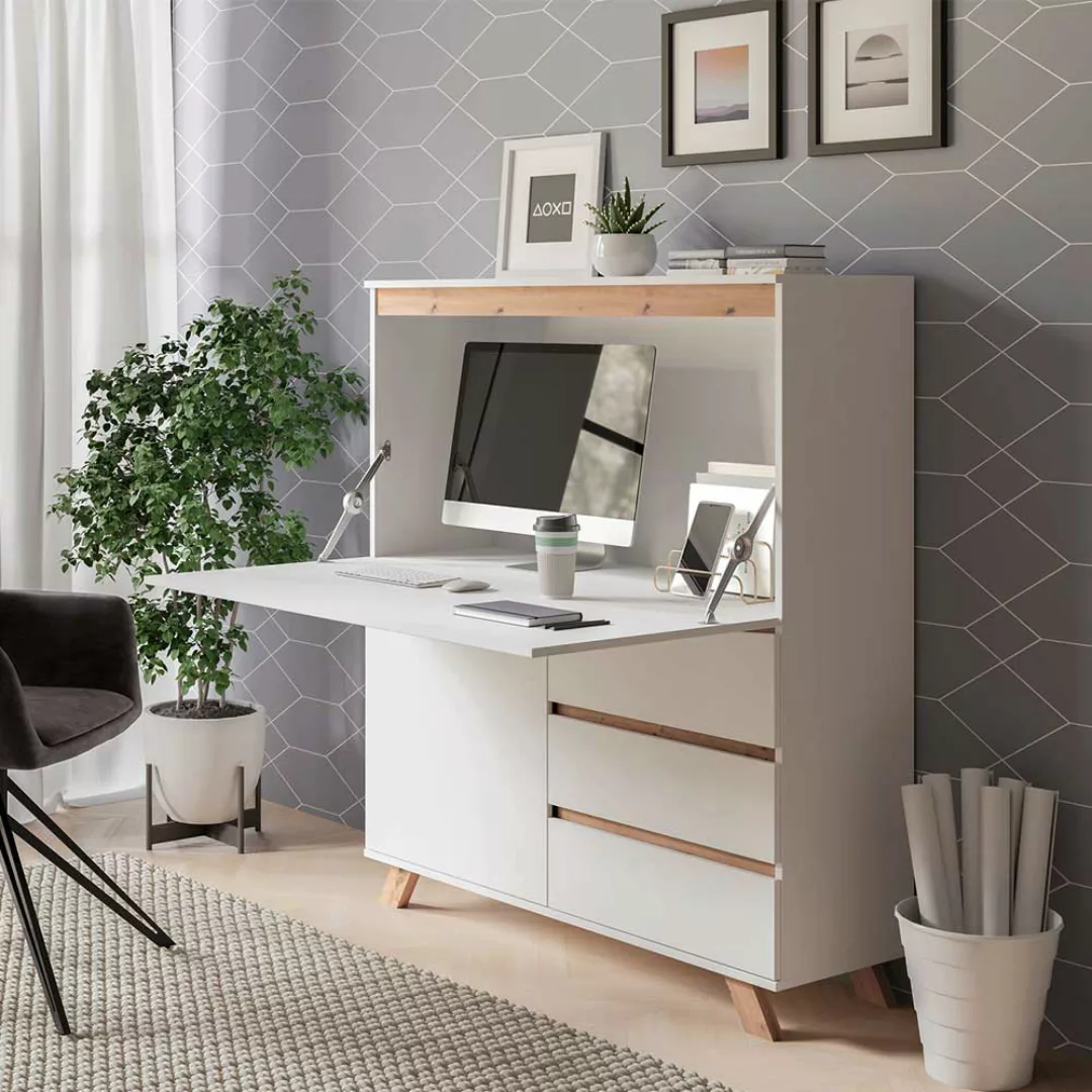 Schranksekretär in Weiß und Wildeichefarben Skandi Design günstig online kaufen