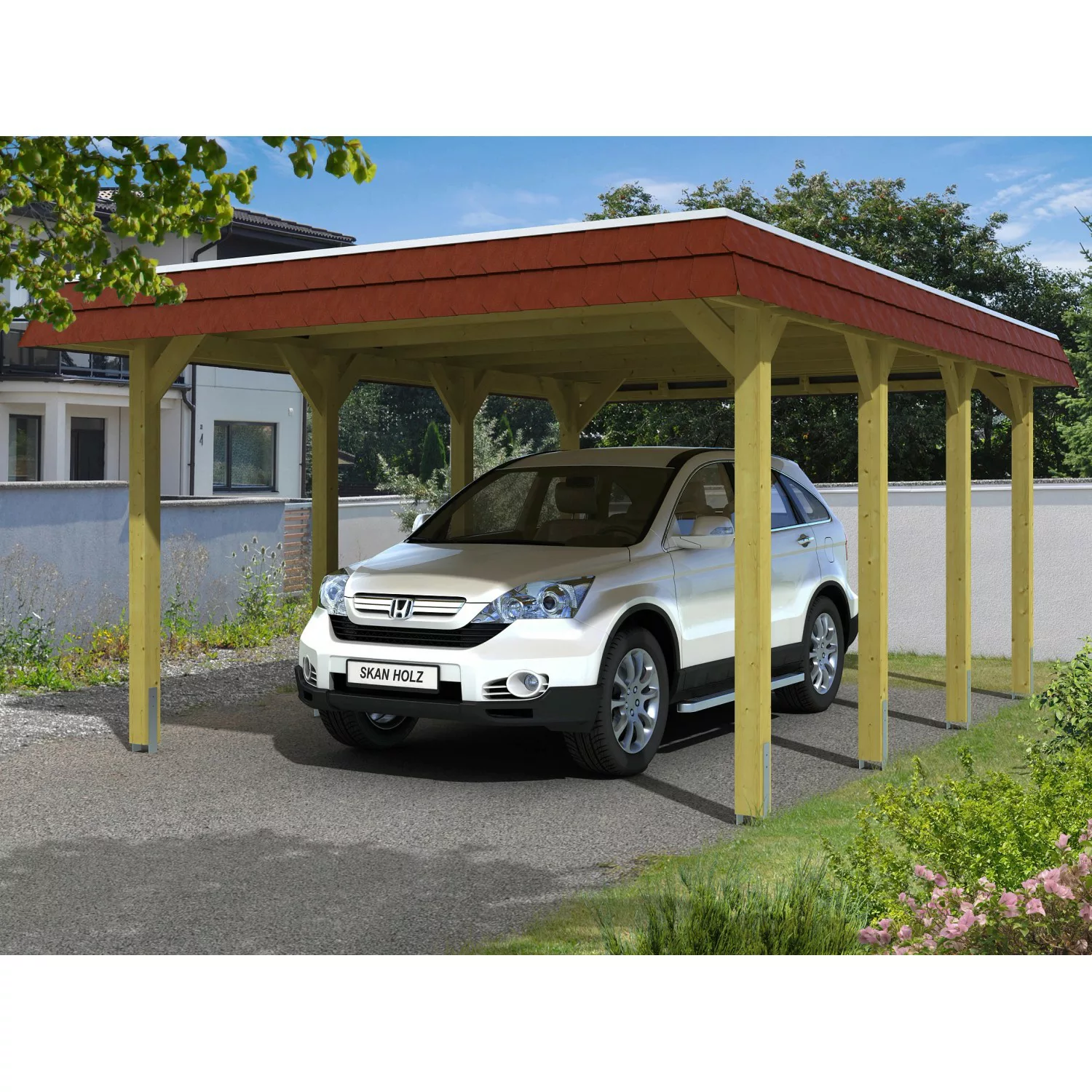 Skan Holz Carport Spreewald 396 cm x 589 cm rote Blende günstig online kaufen