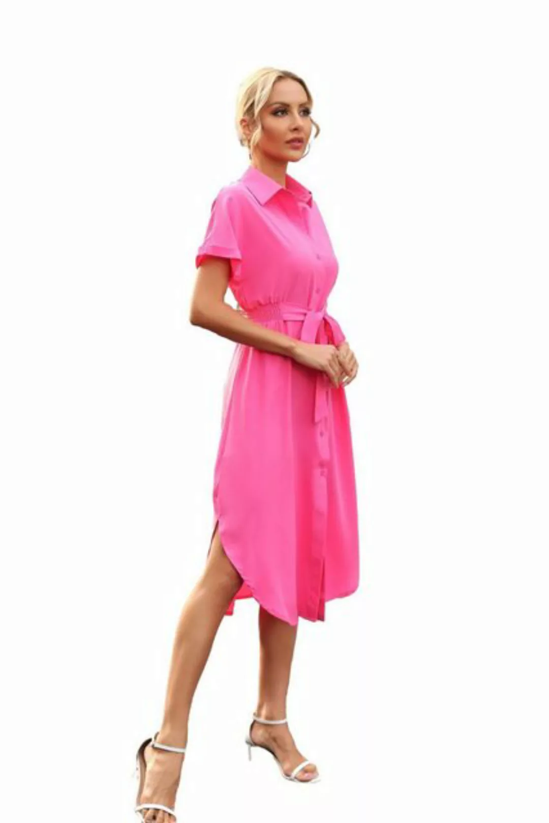 RUZU UG Blusenkleid Kurzarm Hemdblusenkleid mit Taillengürtel für Damen günstig online kaufen
