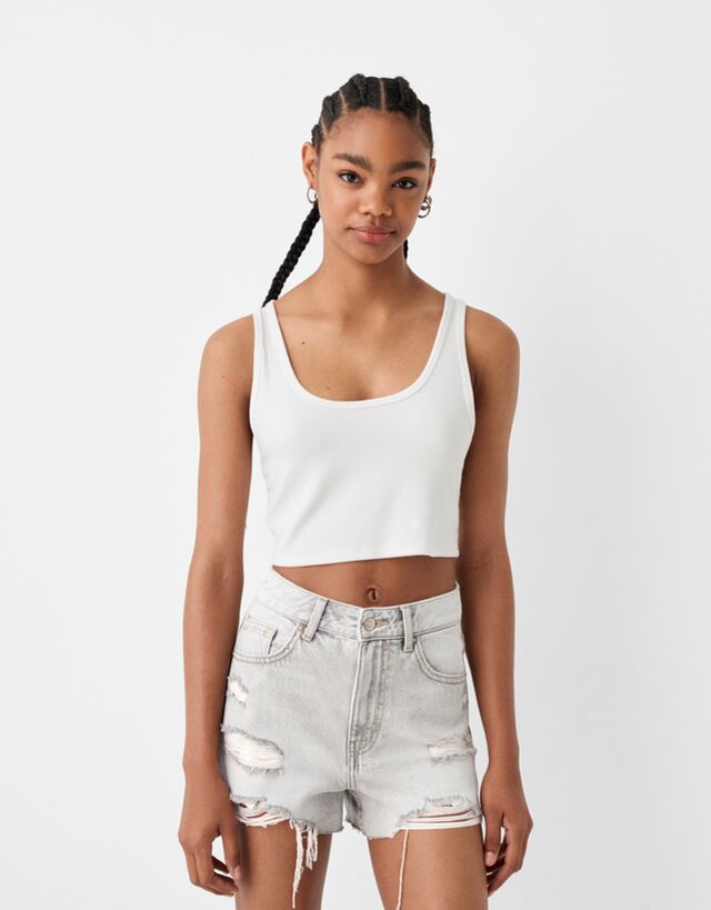 Bershka Jeansshorts Mit Rissen Bskteen 44 Grau günstig online kaufen