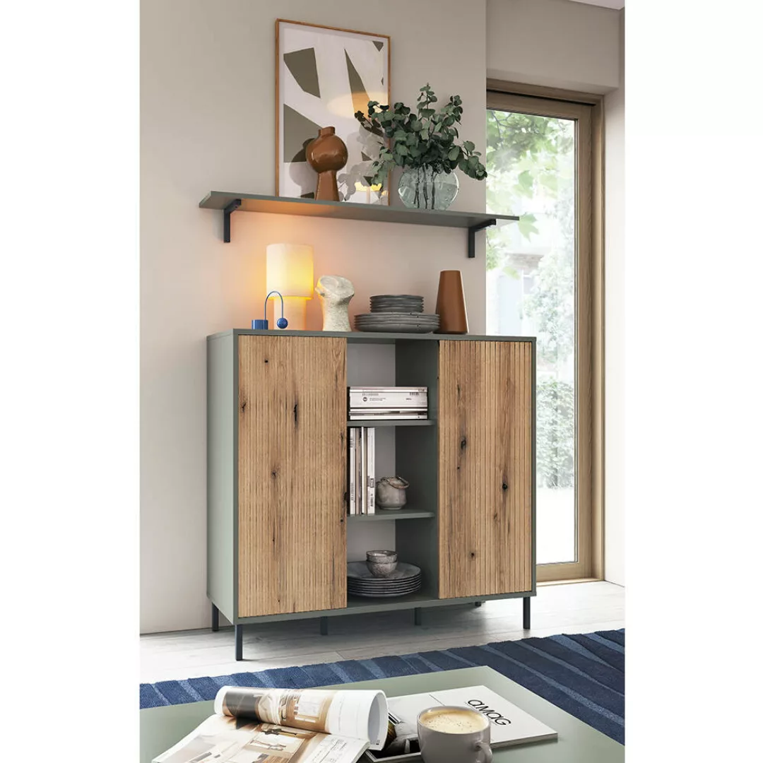 Wohnzimmer Sideboard mit Wandpaneel in grau-grün mit Eiche PARMA-129 günstig online kaufen