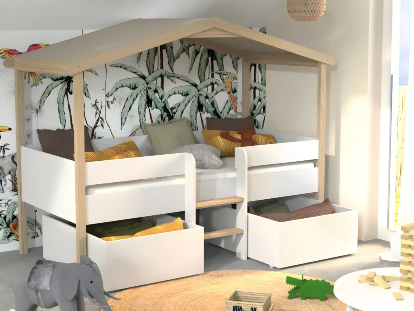 Kinderbett Hausbett mit Schubladen + Matratze - Lindenholz - 90 x 190 cm - günstig online kaufen