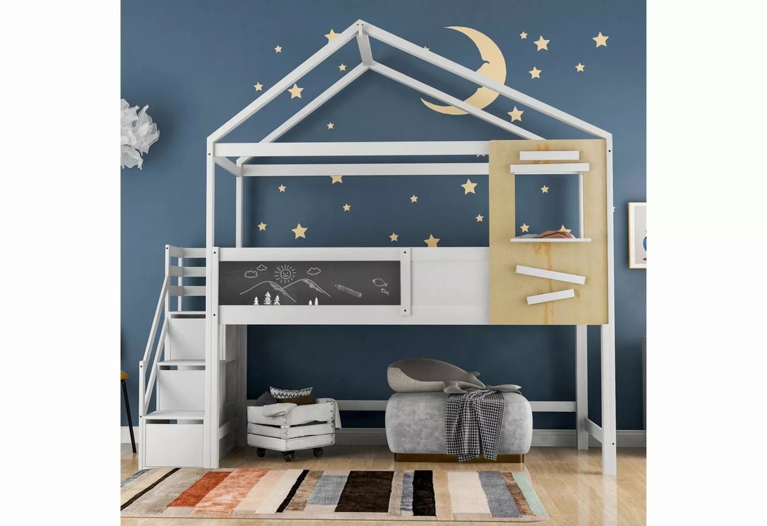 TavilaEcon Etagenbett Hausbett Kinderbett mit Treppe und Fenster, 90x200cm günstig online kaufen