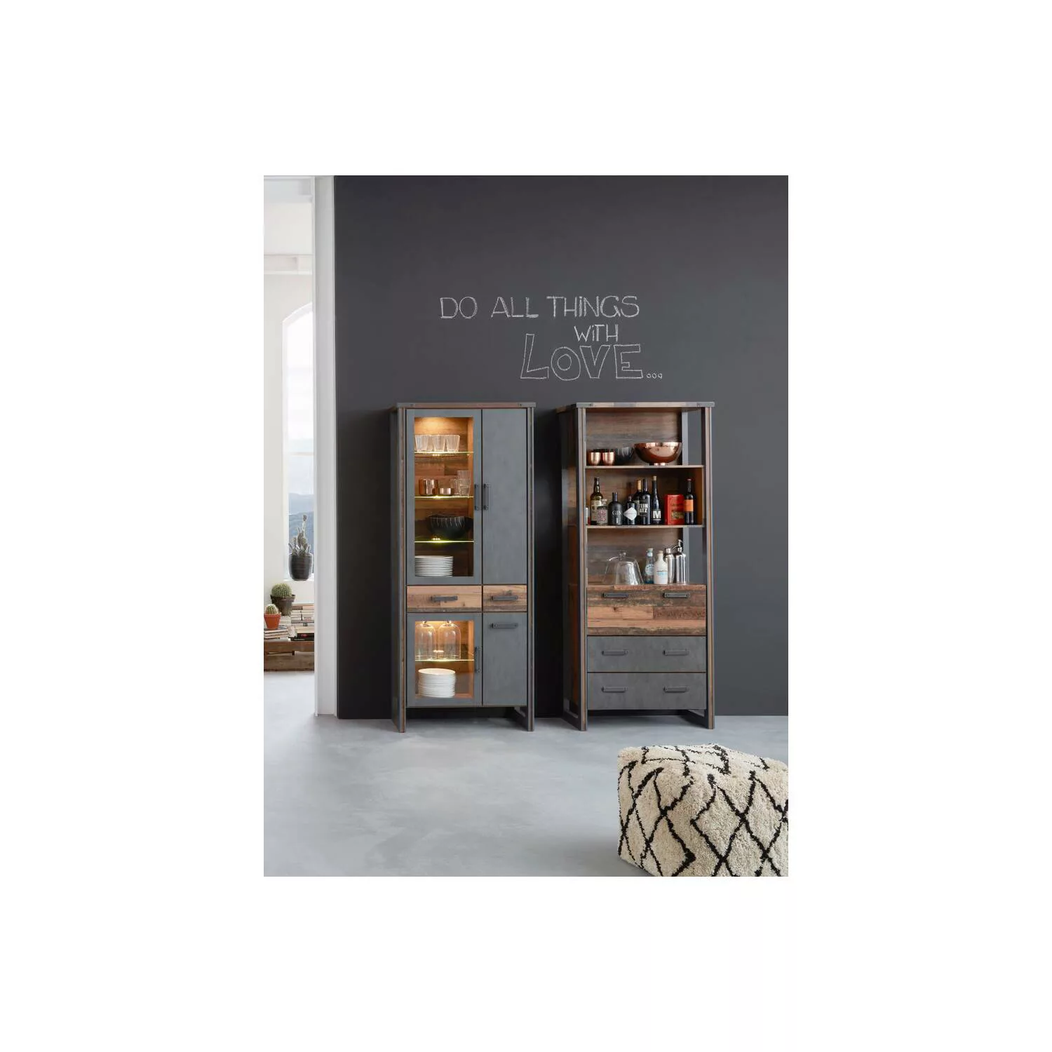 Lomadox Vitrinenschrank Set mit Regal PROVO-19 Industrial Stil in Old Wood günstig online kaufen