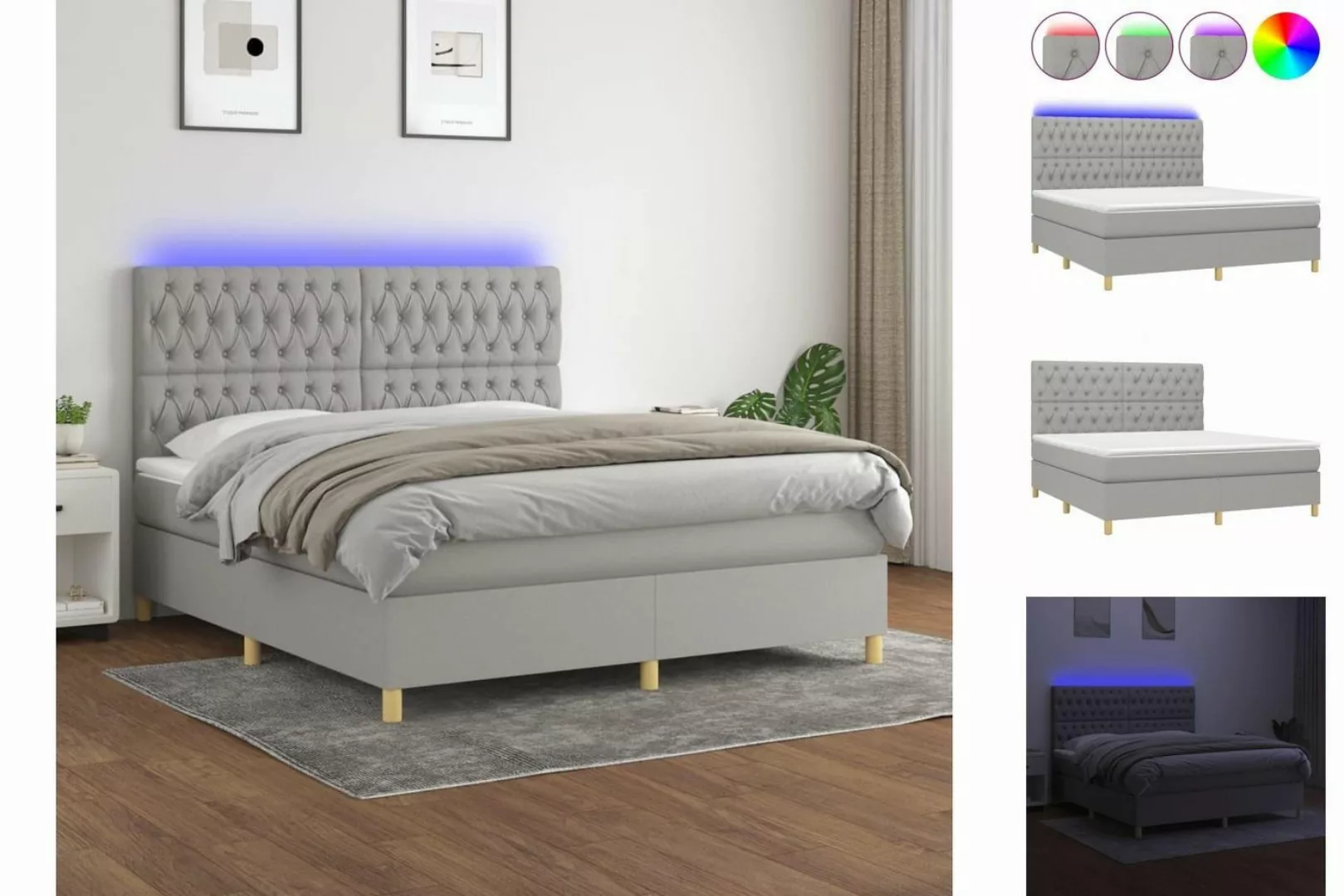 vidaXL Bettgestell Boxspringbett mit Matratze LED Hellgrau 160x200 cm Stoff günstig online kaufen